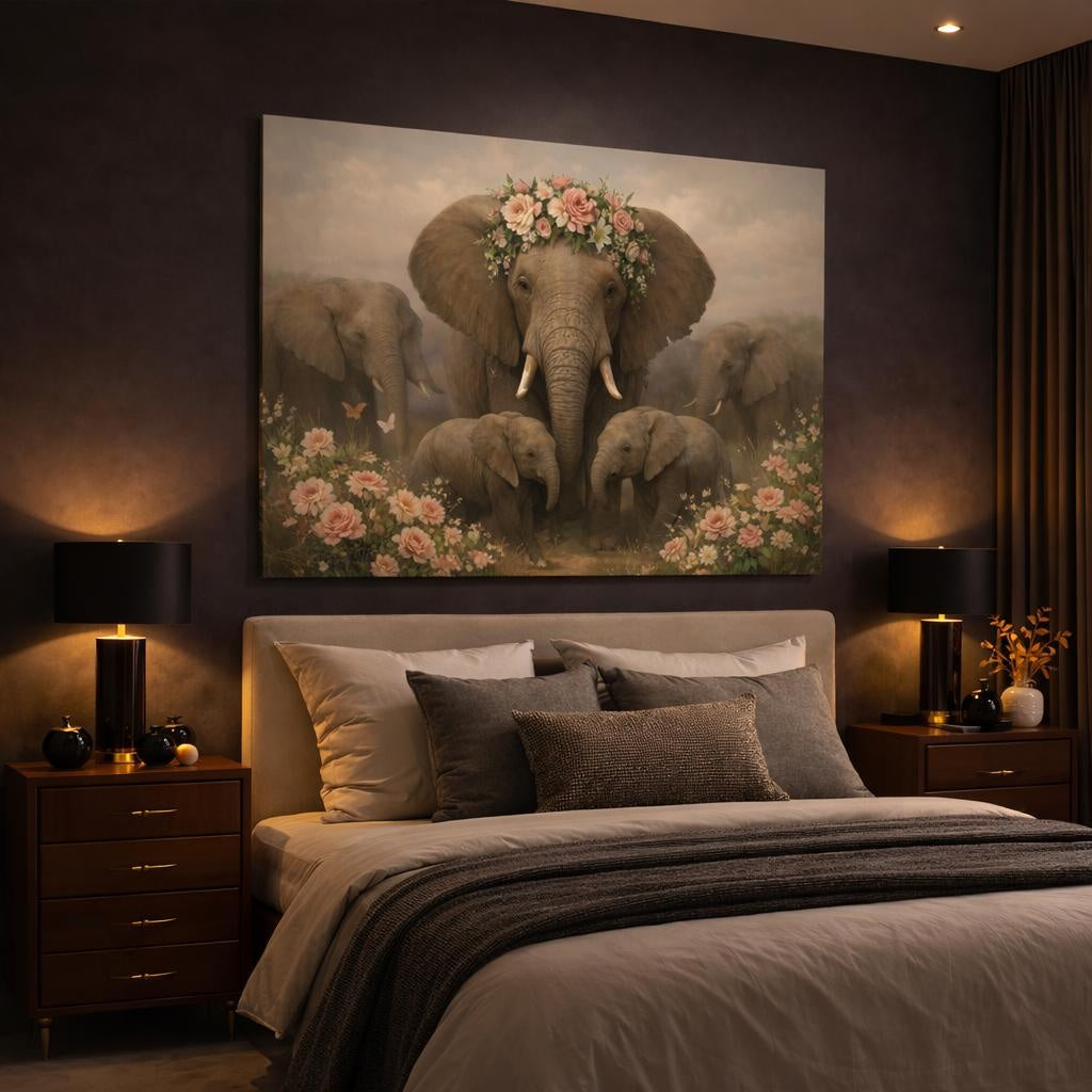 Floral Elephant Family shown as canvas wall art in a luxury bedroom
