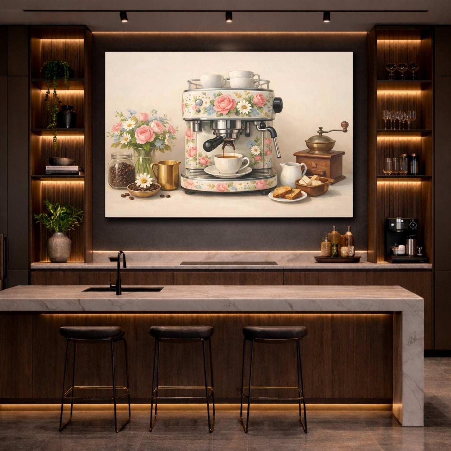 Floral Espresso Machine Coffee Scene - Canvas Wall Art Print - YesArtYes