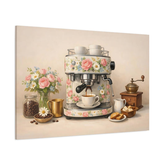 Floral Espresso Machine Coffee Scene - Canvas Wall Art Print - YesArtYes