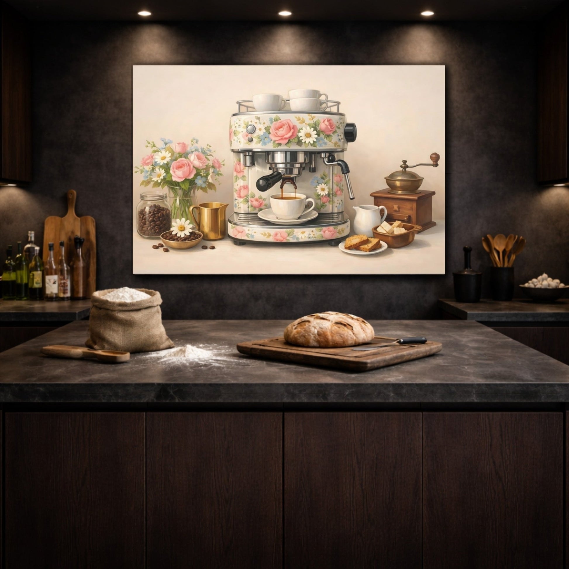 Floral Espresso Machine Coffee Scene - Canvas Wall Art Print - YesArtYes