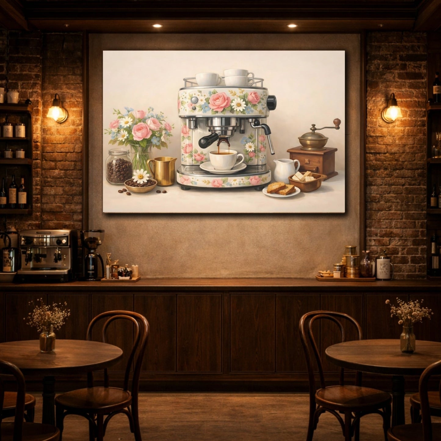 Floral Espresso Machine Coffee Scene - Canvas Wall Art Print - YesArtYes