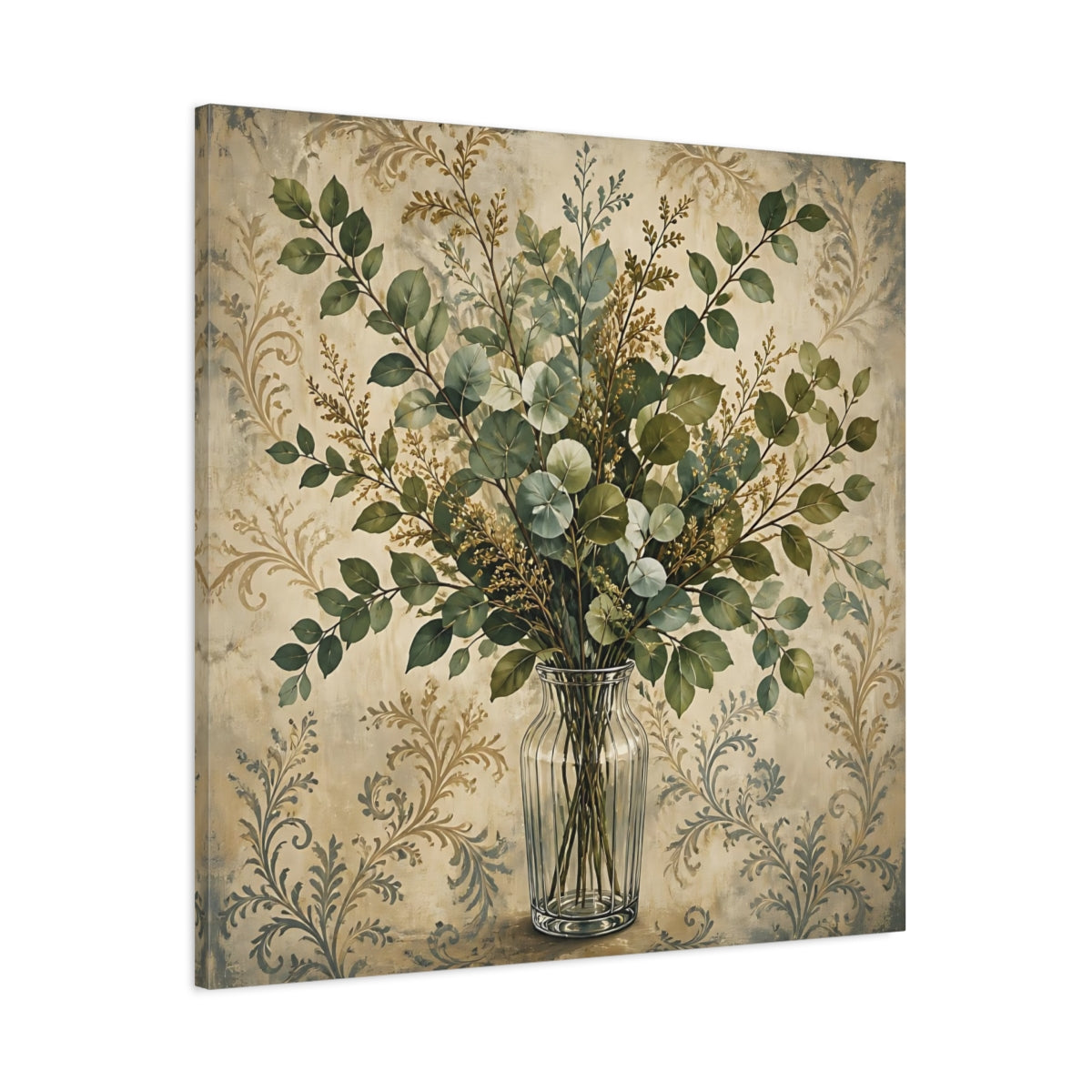 Main Mockup. Floral Eucalyptus Bouquet Green And Beige Botanical shown as stretched canvas wall art