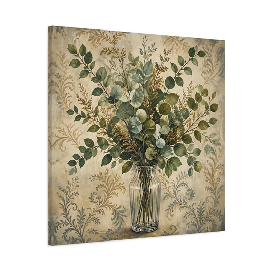 Main Mockup. Floral Eucalyptus Bouquet Green And Beige Botanical shown as stretched canvas wall art