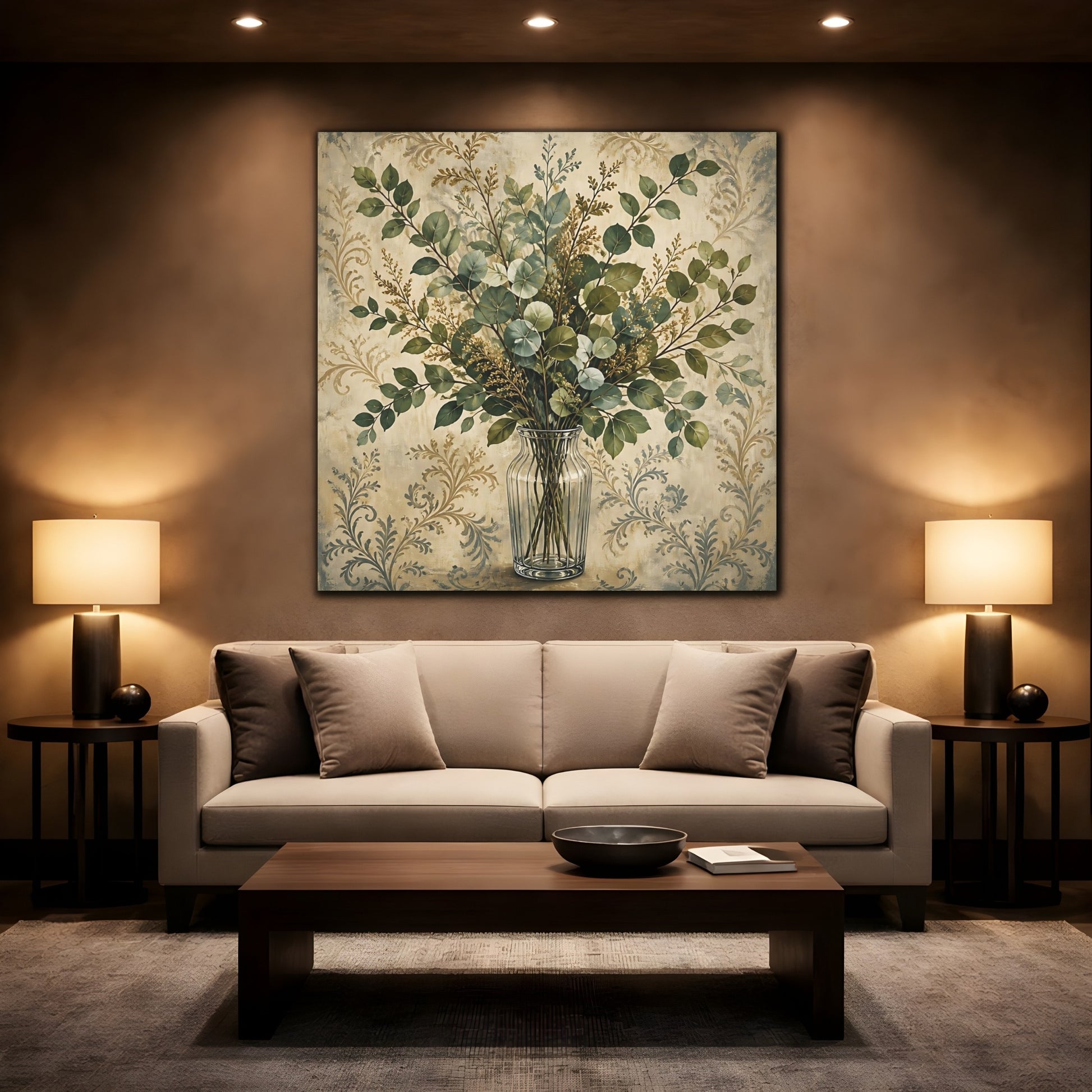 Mockup 2. Floral Eucalyptus Bouquet Green And Beige Botanical shown as stretched canvas wall art