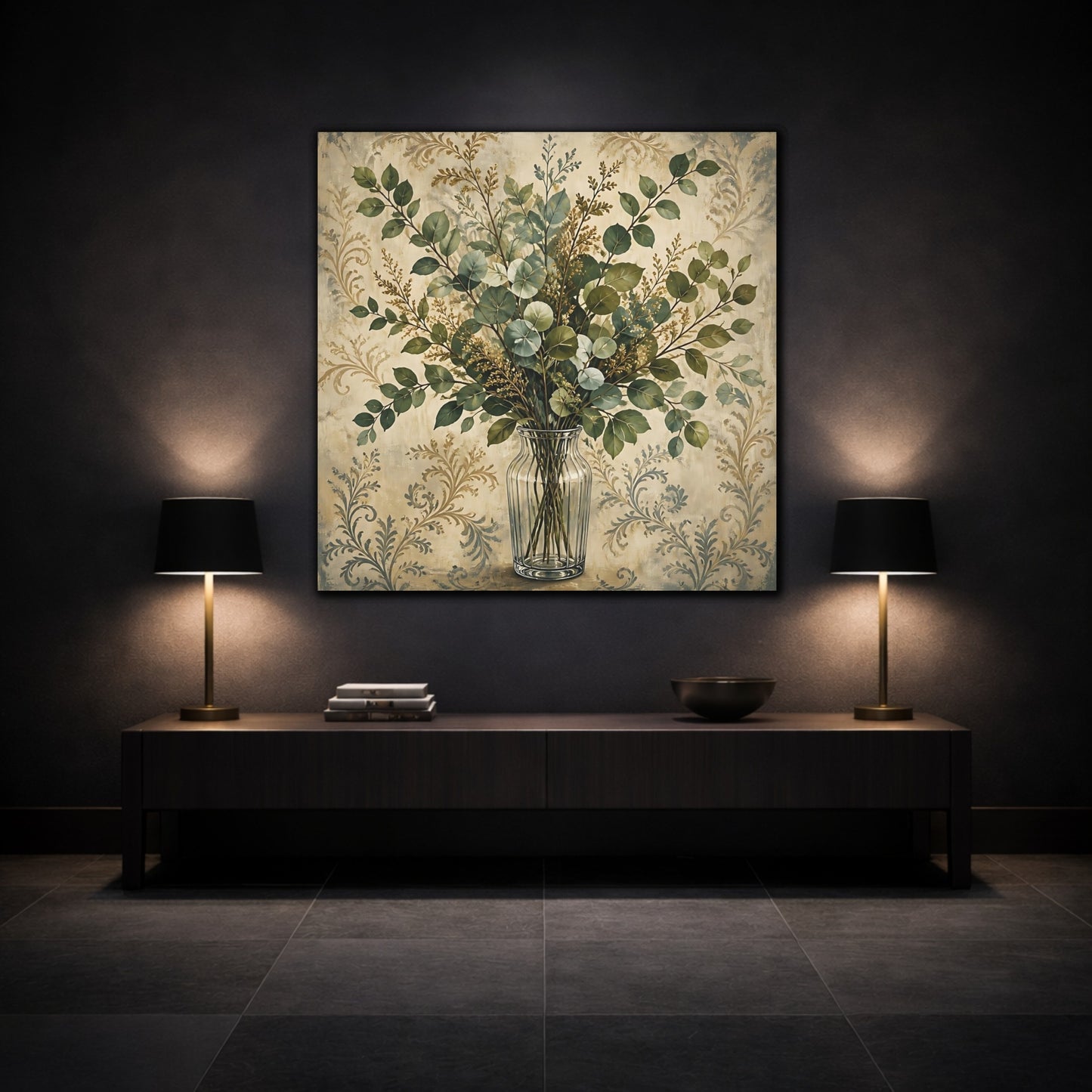 Mockup 3. Floral Eucalyptus Bouquet Green And Beige Botanical shown as stretched canvas wall art