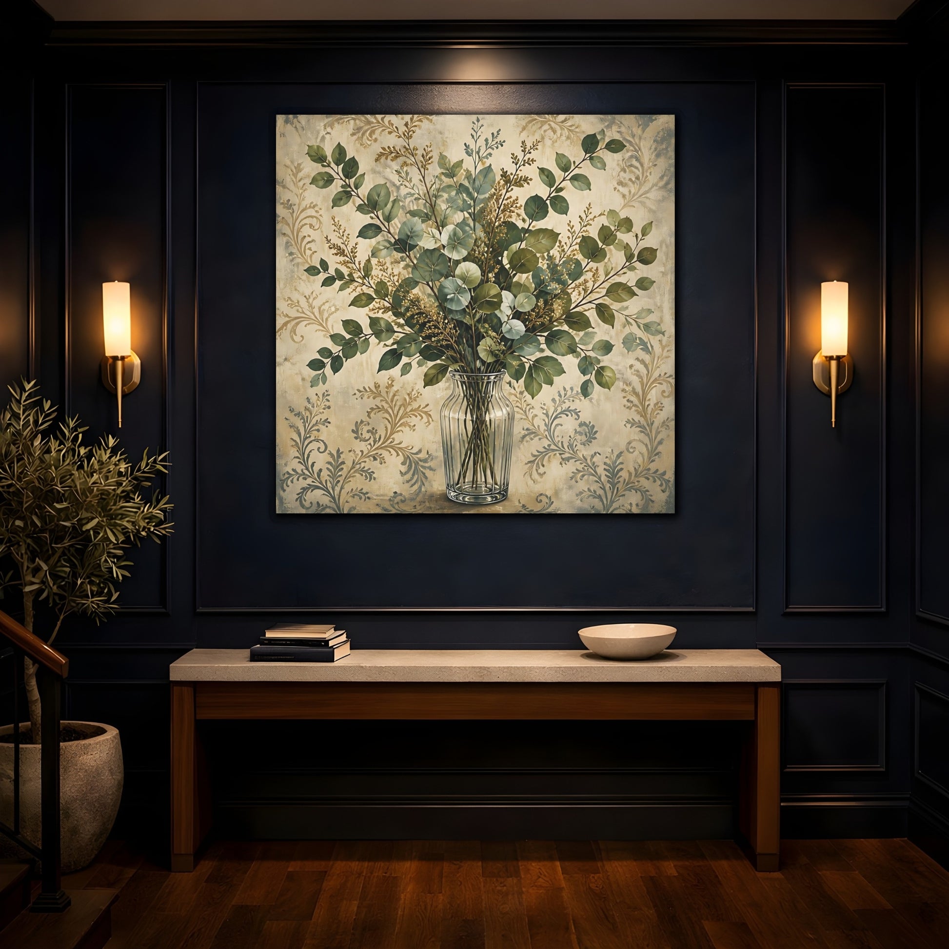Mockup 4. Floral Eucalyptus Bouquet Green And Beige Botanical shown as stretched canvas wall art