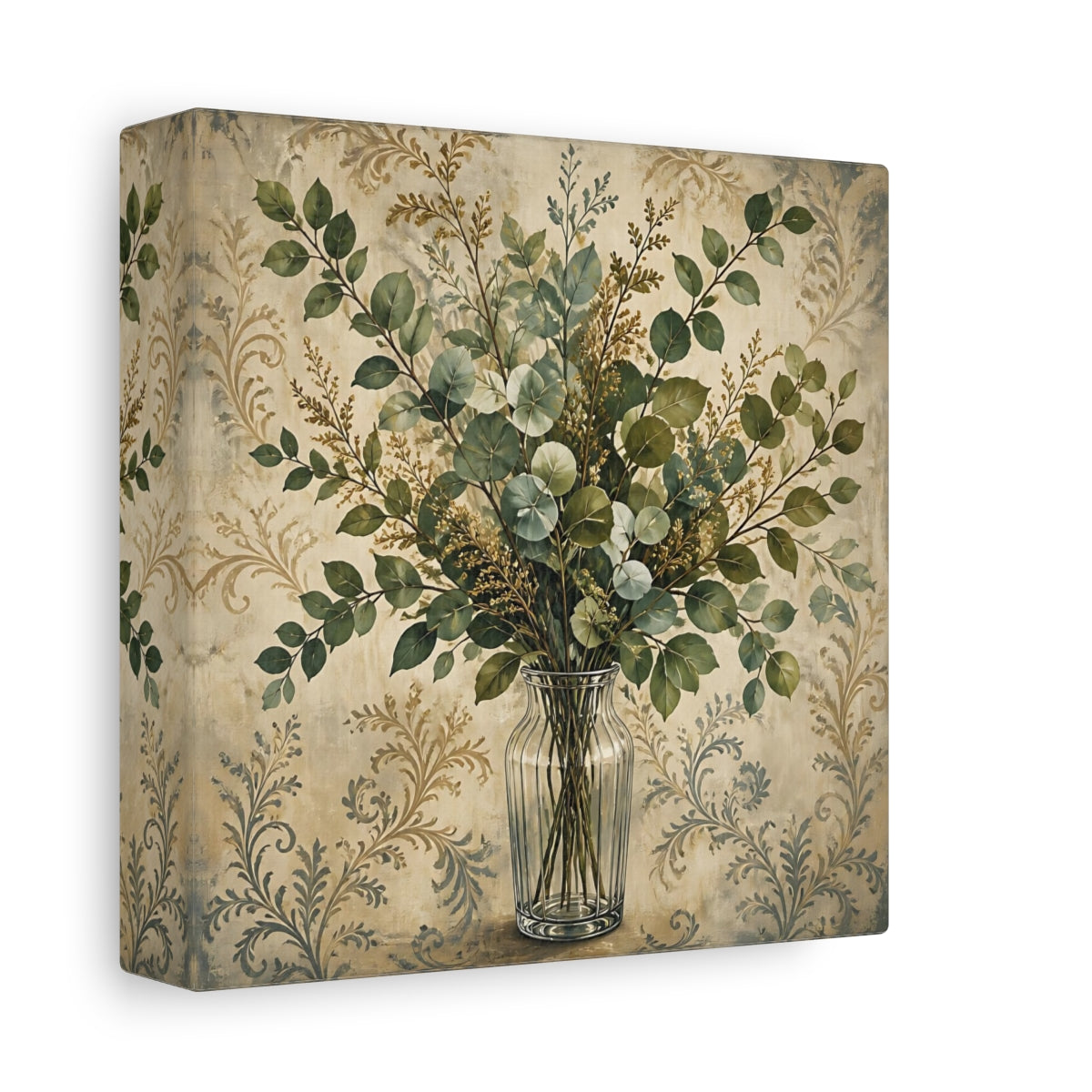 Side Mockup 2. Floral Eucalyptus Bouquet Green And Beige Botanical shown as stretched canvas wall art