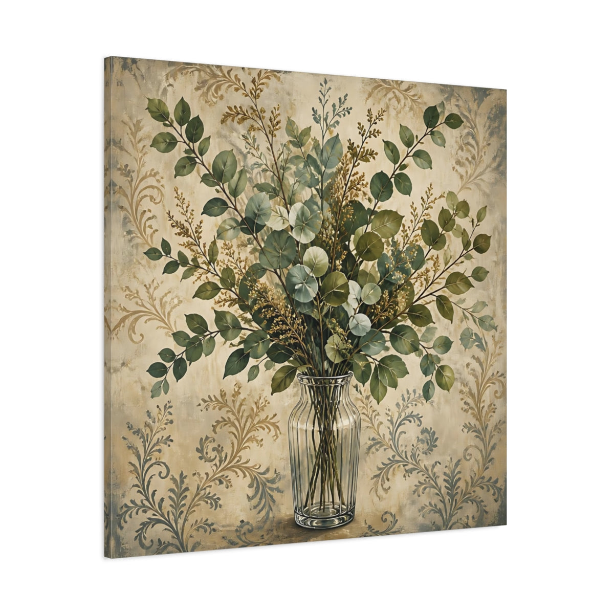 Side Mockup 1. Floral Eucalyptus Bouquet Green And Beige Botanical shown as stretched canvas wall art