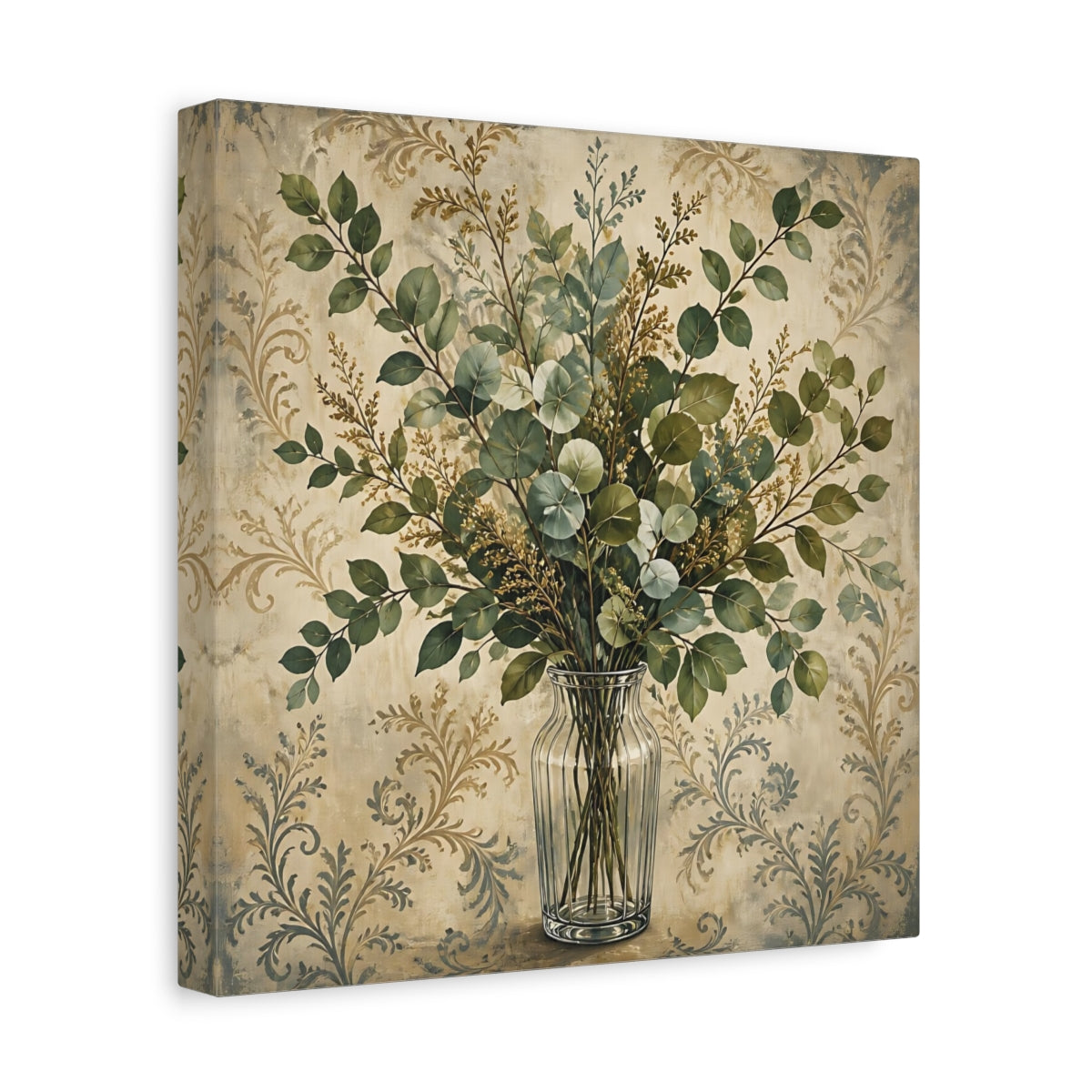 Side Mockup 8. Floral Eucalyptus Bouquet Green And Beige Botanical shown as stretched canvas wall art