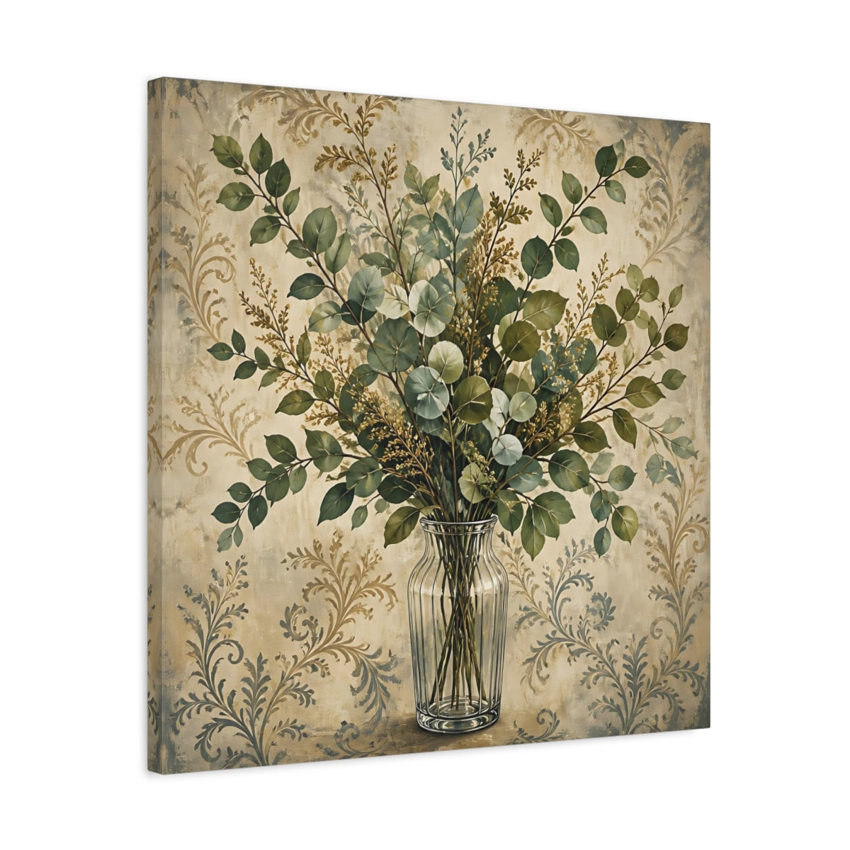 Side Mockup 4. Floral Eucalyptus Bouquet Green And Beige Botanical shown as stretched canvas wall art