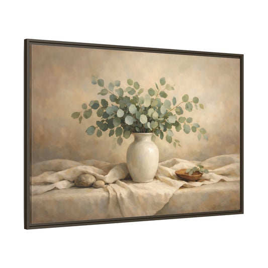 Main Mockup. Floral Eucalyptus Branches Green And Beige shown as stretched canvas wall art