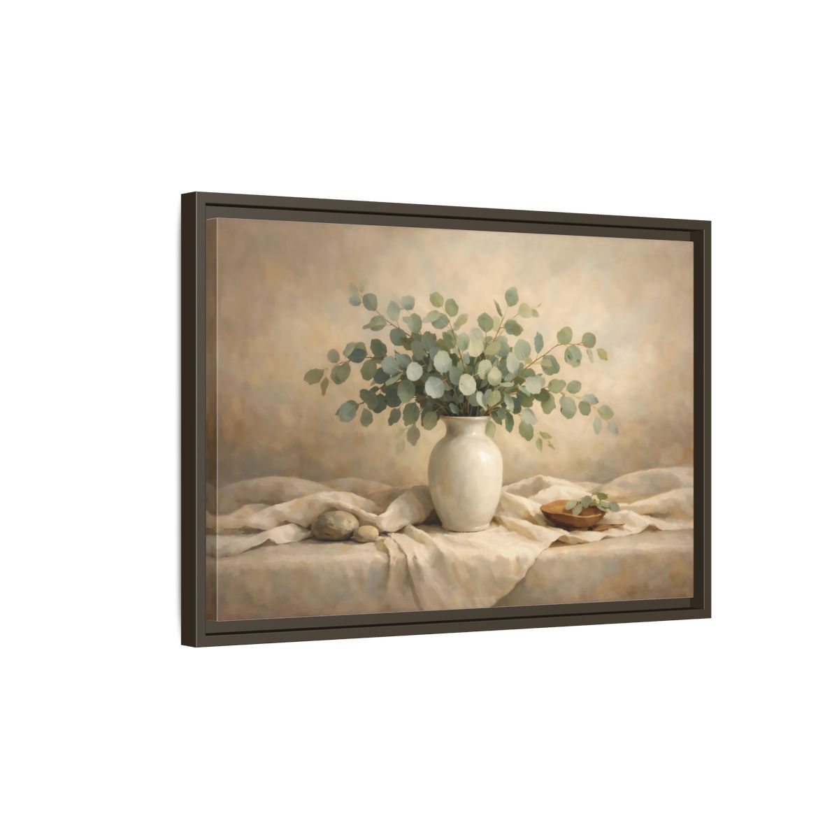 Side Mockup 2. Floral Eucalyptus Branches Green And Beige shown as stretched canvas wall art