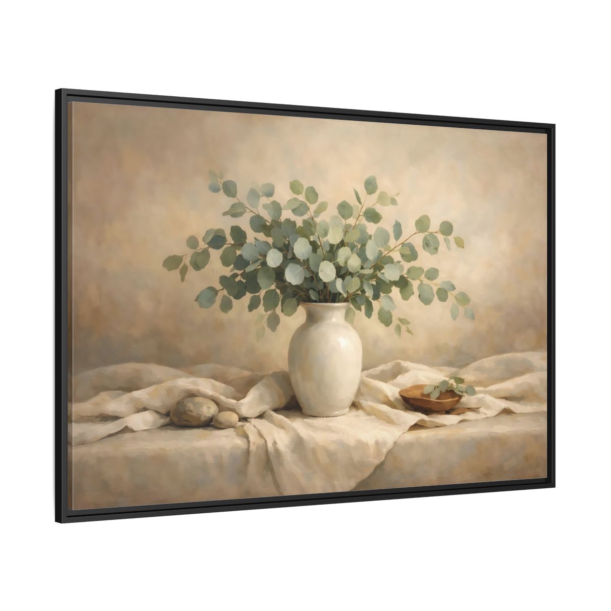 Side Mockup 12. Floral Eucalyptus Branches Green And Beige shown as stretched canvas wall art