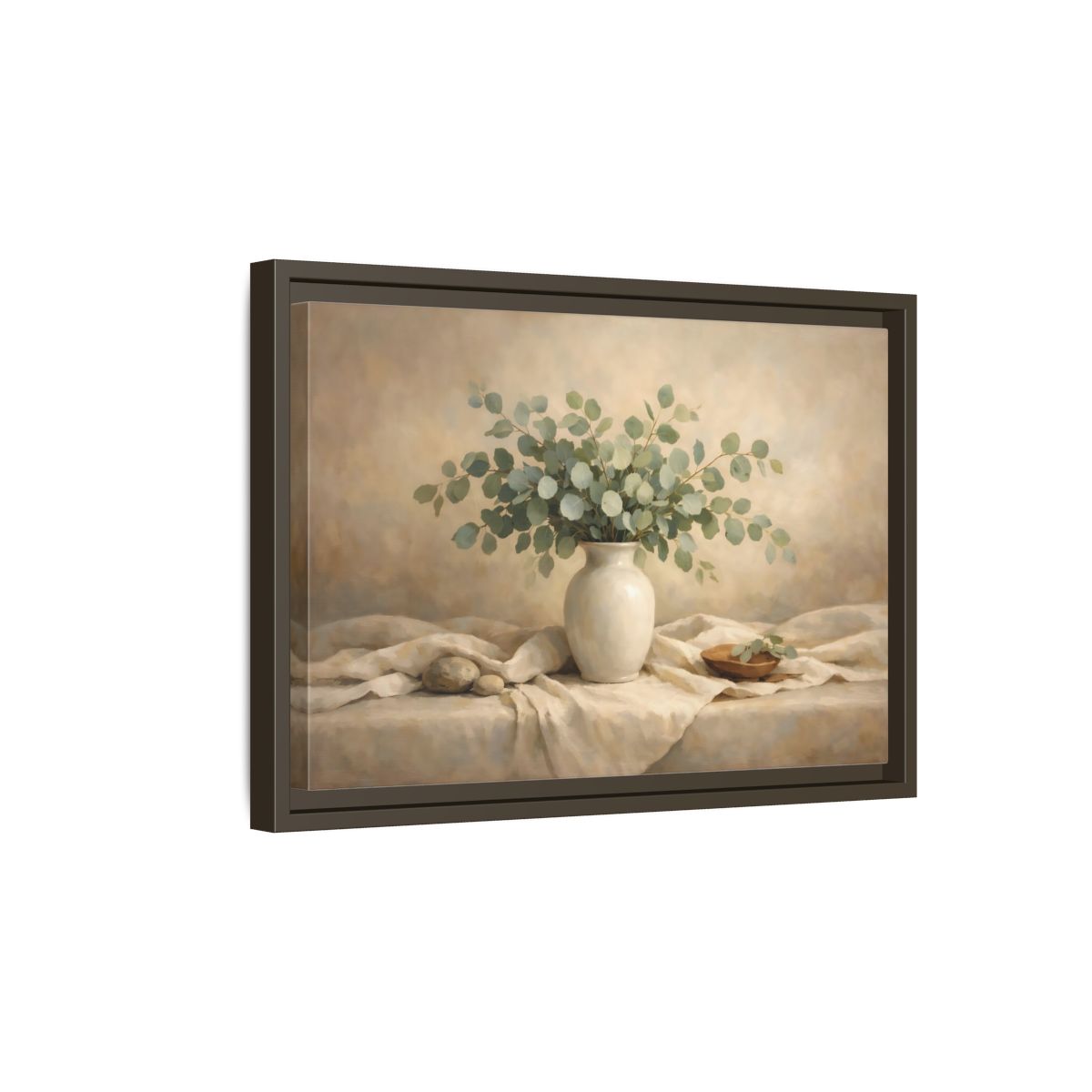 Side Mockup 5. Floral Eucalyptus Branches Green And Beige shown as stretched canvas wall art