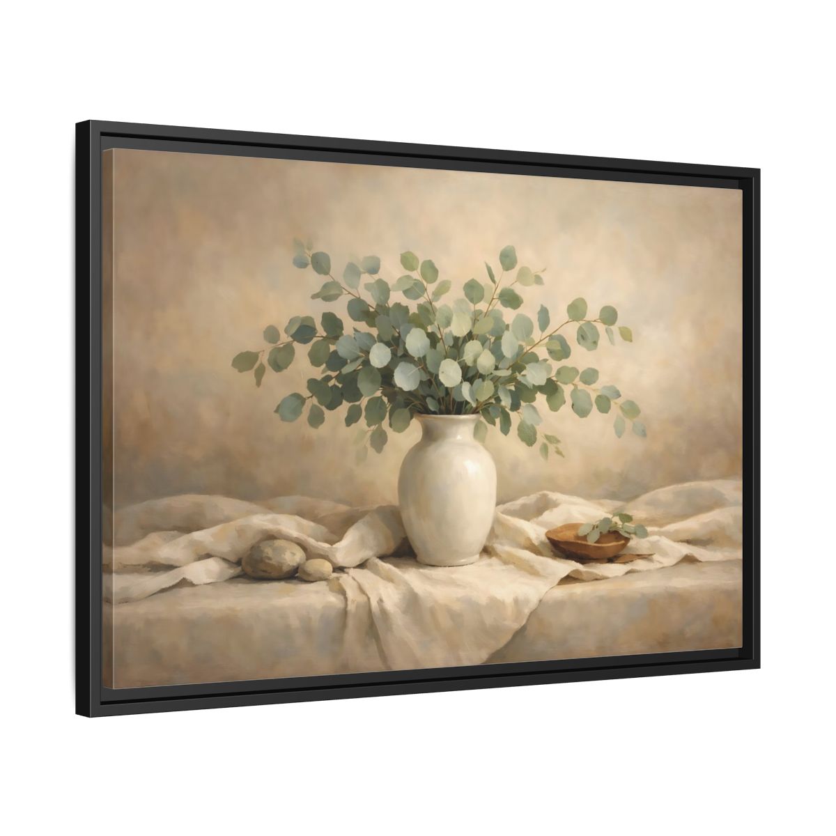 Side Mockup 14. Floral Eucalyptus Branches Green And Beige shown as stretched canvas wall art