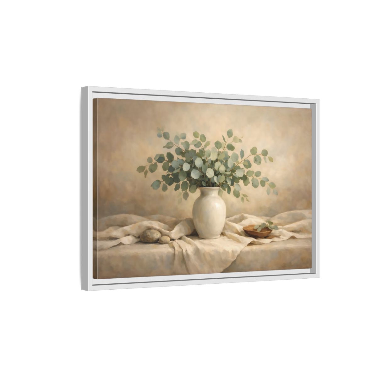 Side Mockup 1. Floral Eucalyptus Branches Green And Beige shown as stretched canvas wall art