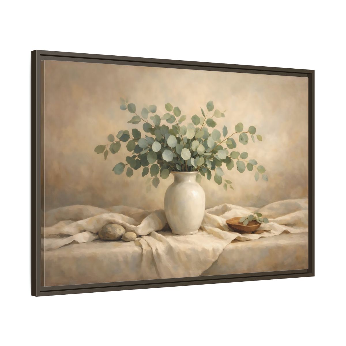 Side Mockup 9. Floral Eucalyptus Branches Green And Beige shown as stretched canvas wall art