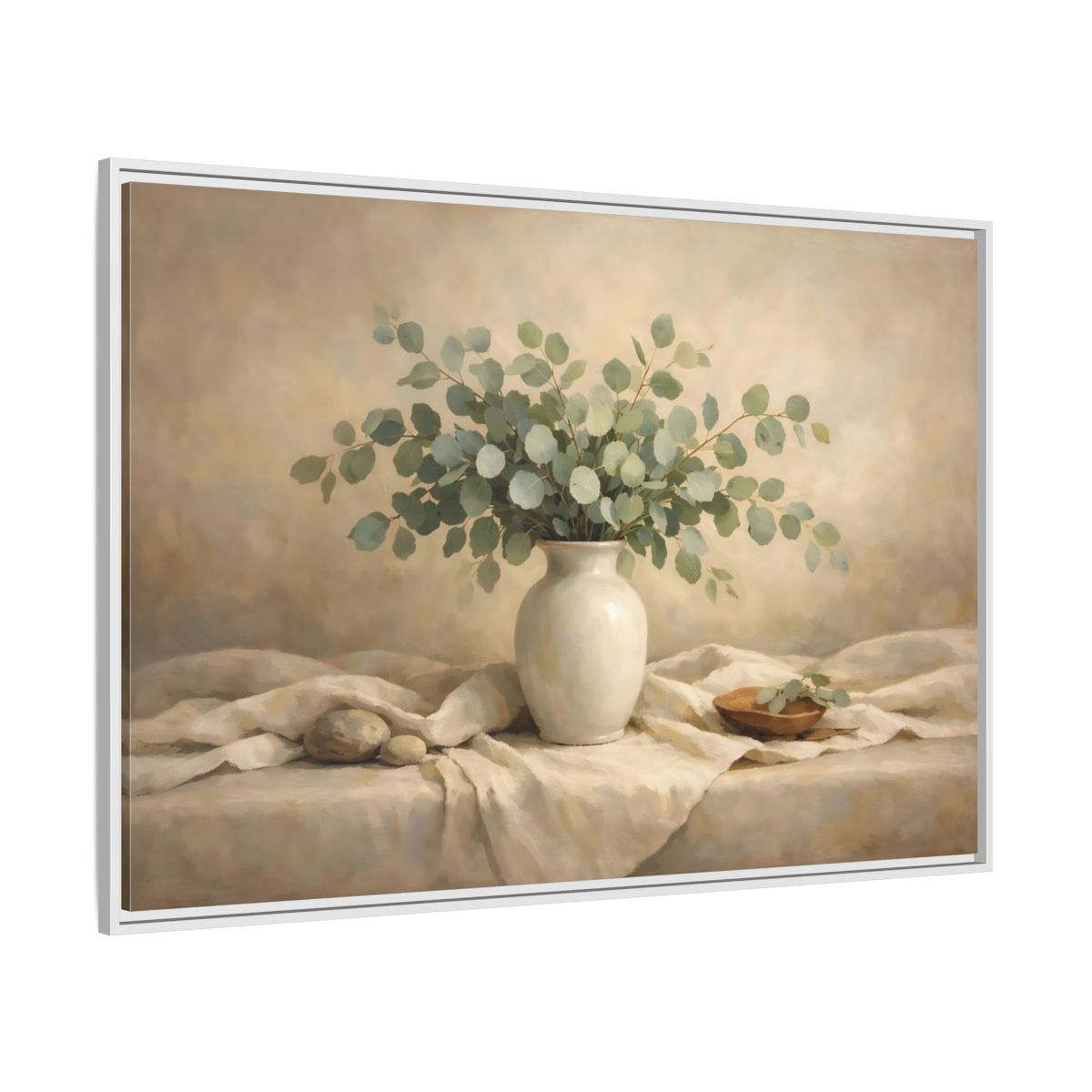 Side Mockup 7. Floral Eucalyptus Branches Green And Beige shown as stretched canvas wall art