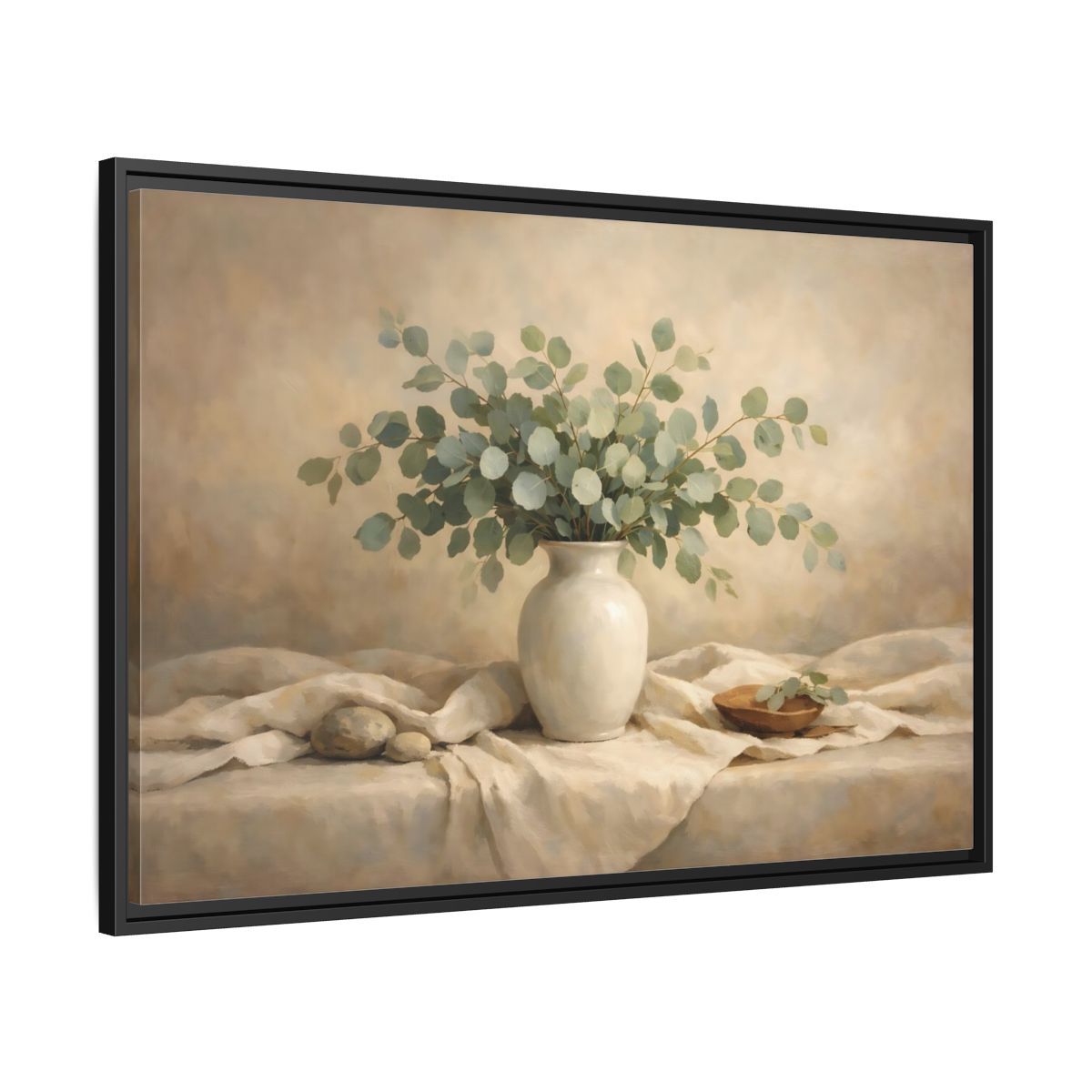 Side Mockup 13. Floral Eucalyptus Branches Green And Beige shown as stretched canvas wall art