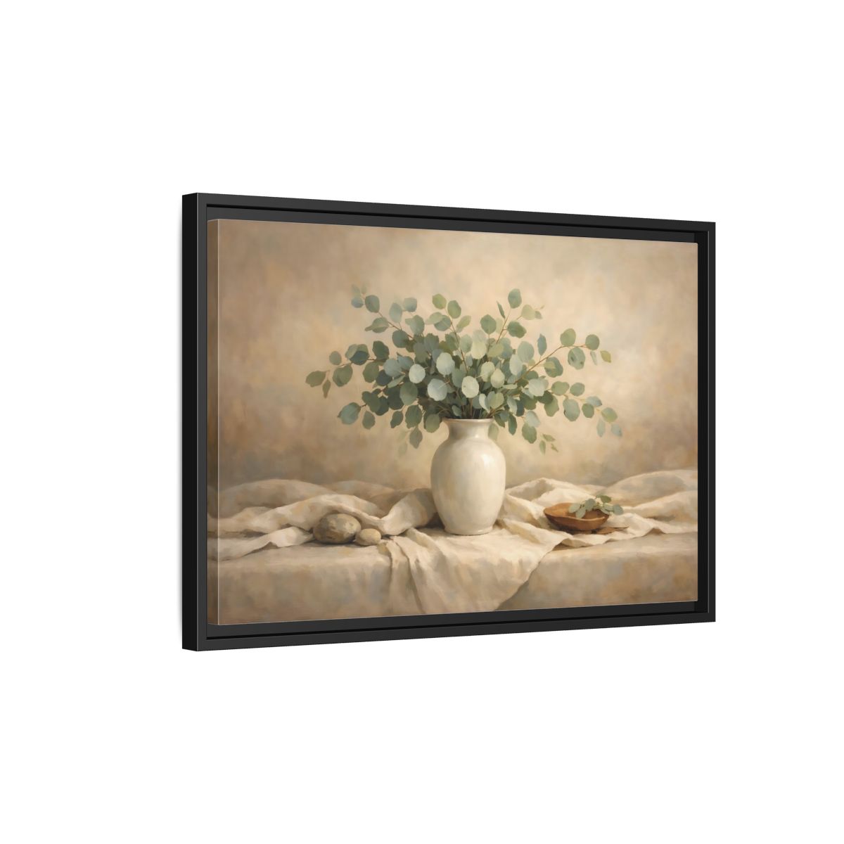 Side Mockup 3. Floral Eucalyptus Branches Green And Beige shown as stretched canvas wall art
