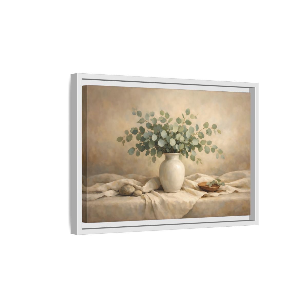 Side Mockup 4. Floral Eucalyptus Branches Green And Beige shown as stretched canvas wall art