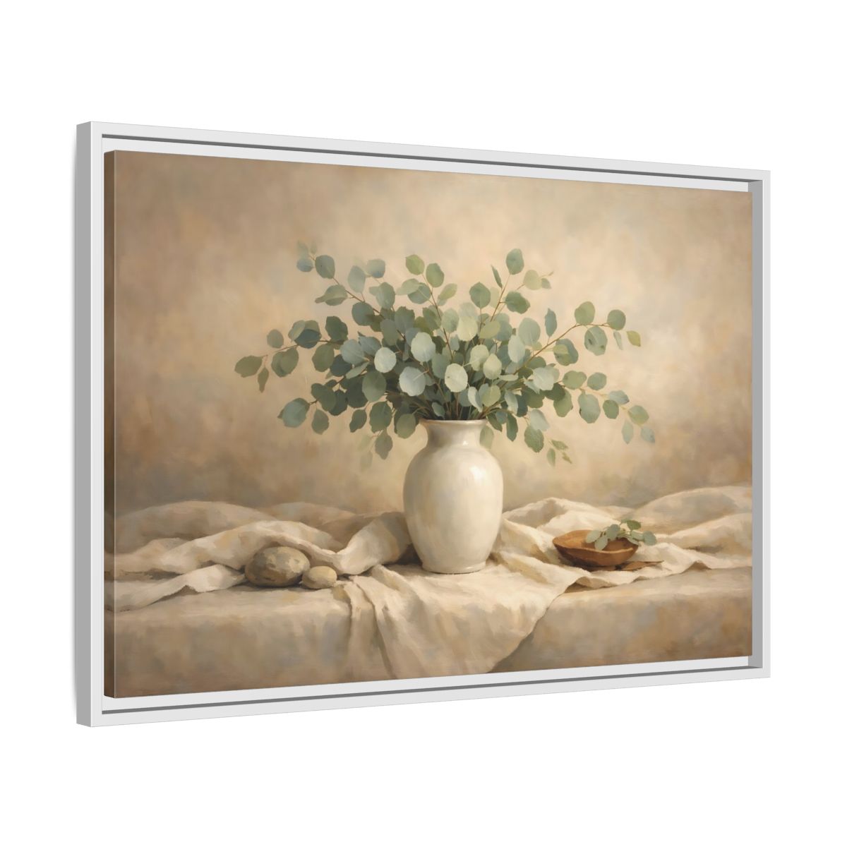 Side Mockup 10. Floral Eucalyptus Branches Green And Beige shown as stretched canvas wall art