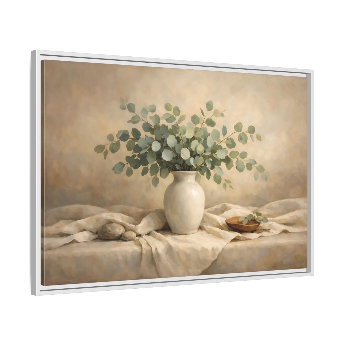 Side Mockup 8. Floral Eucalyptus Branches Green And Beige shown as stretched canvas wall art