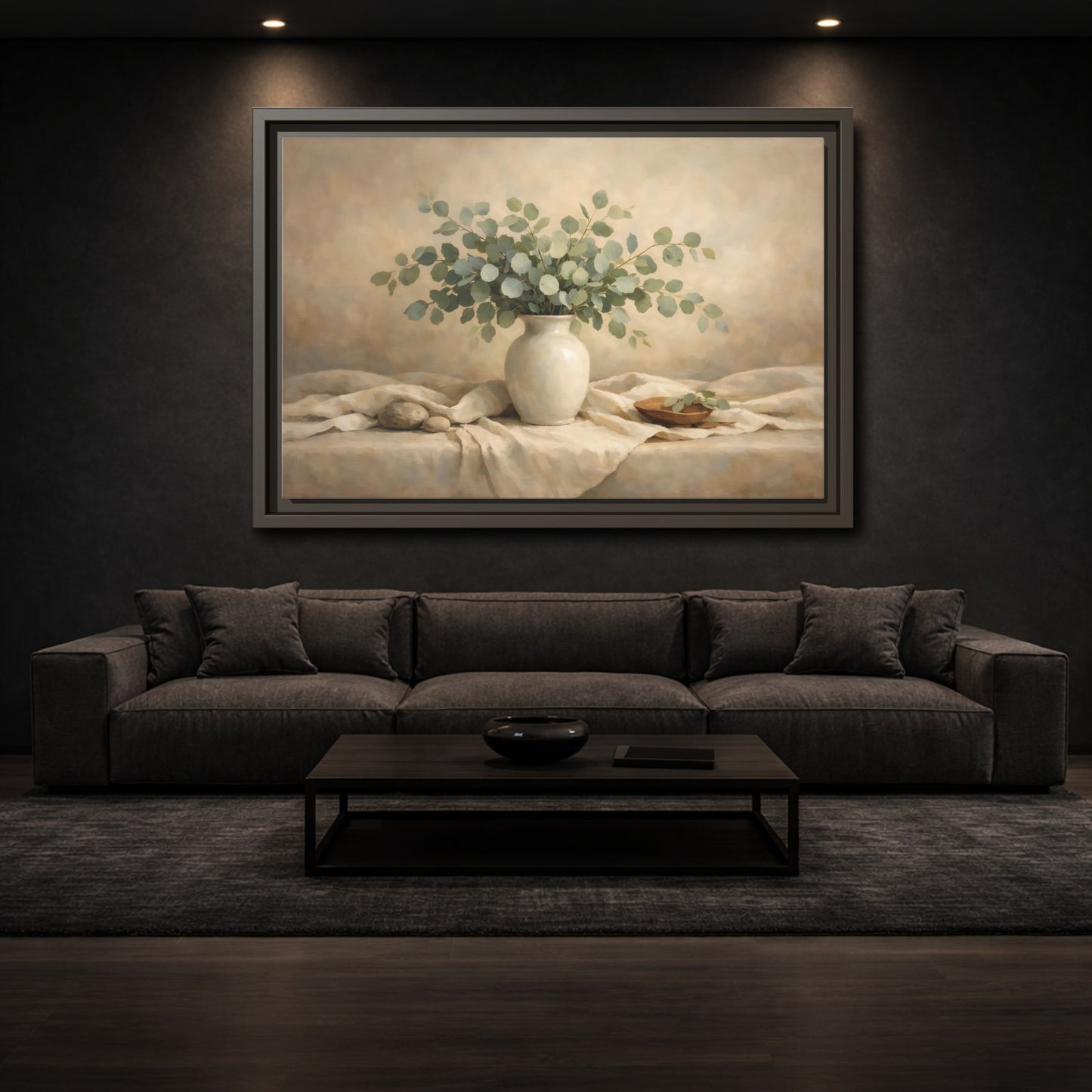 Mockup 2. Floral Eucalyptus Branches Green And Beige shown as stretched canvas wall art