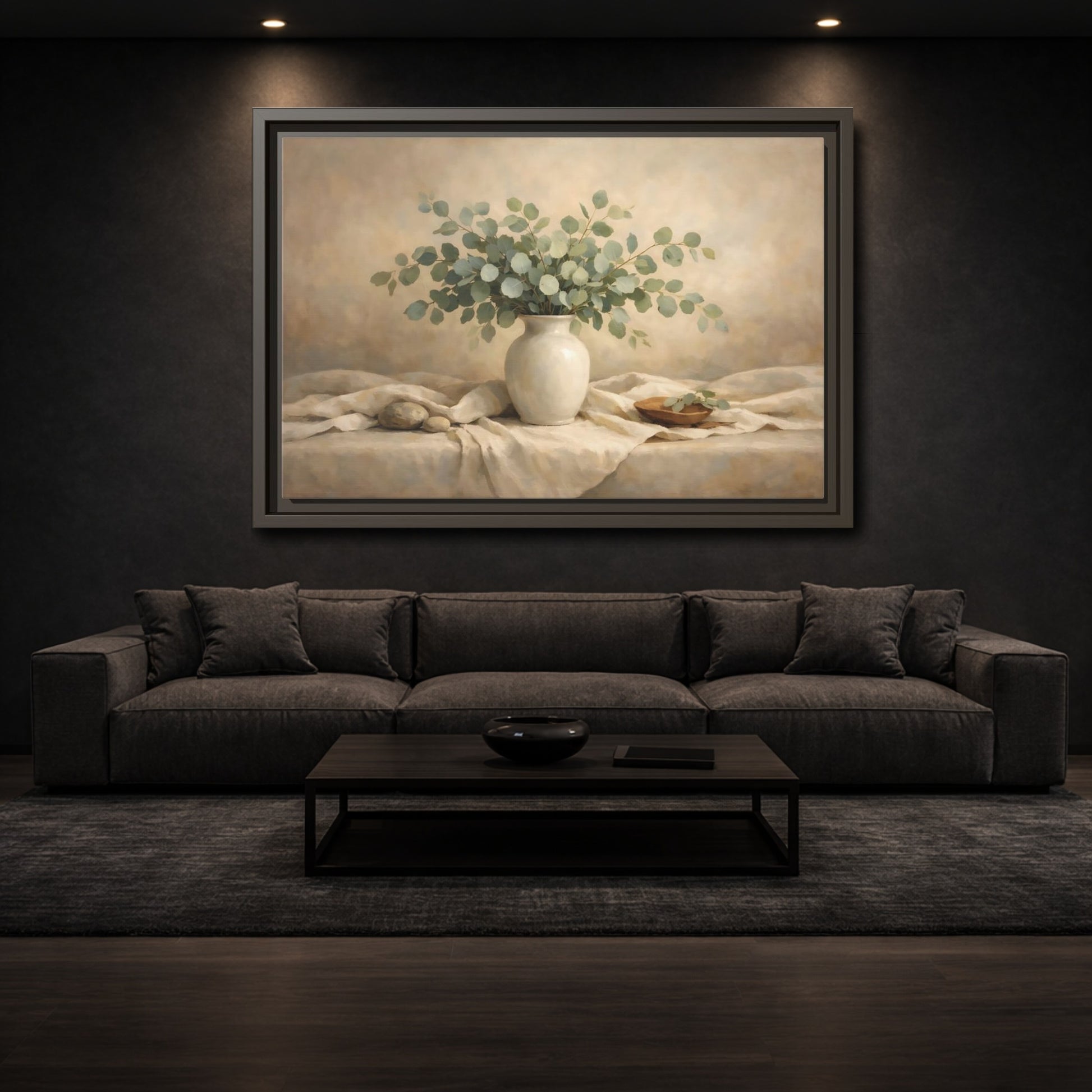 Mockup 2. Floral Eucalyptus Branches Green And Beige shown as stretched canvas wall art
