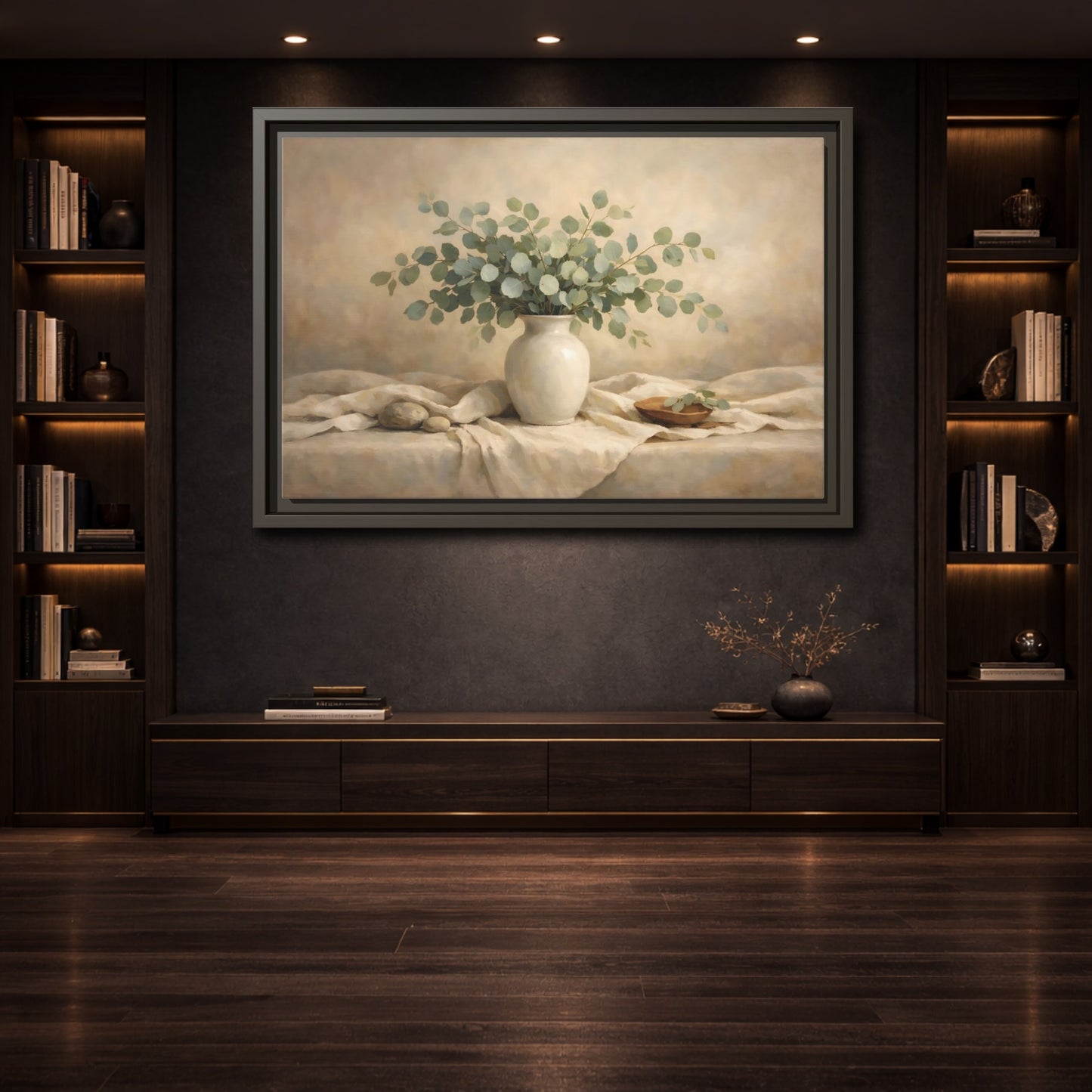 Mockup 3. Floral Eucalyptus Branches Green And Beige shown as stretched canvas wall art