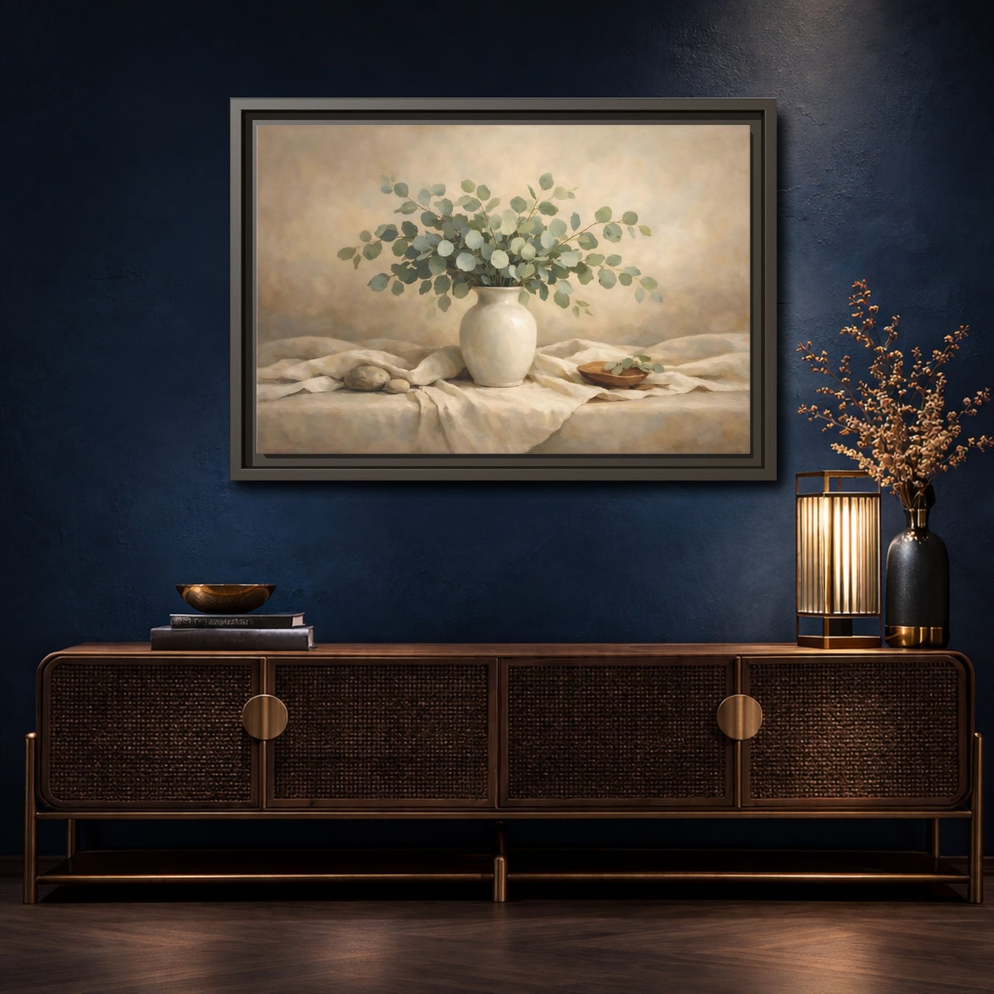 Mockup 4. Floral Eucalyptus Branches Green And Beige shown as stretched canvas wall art