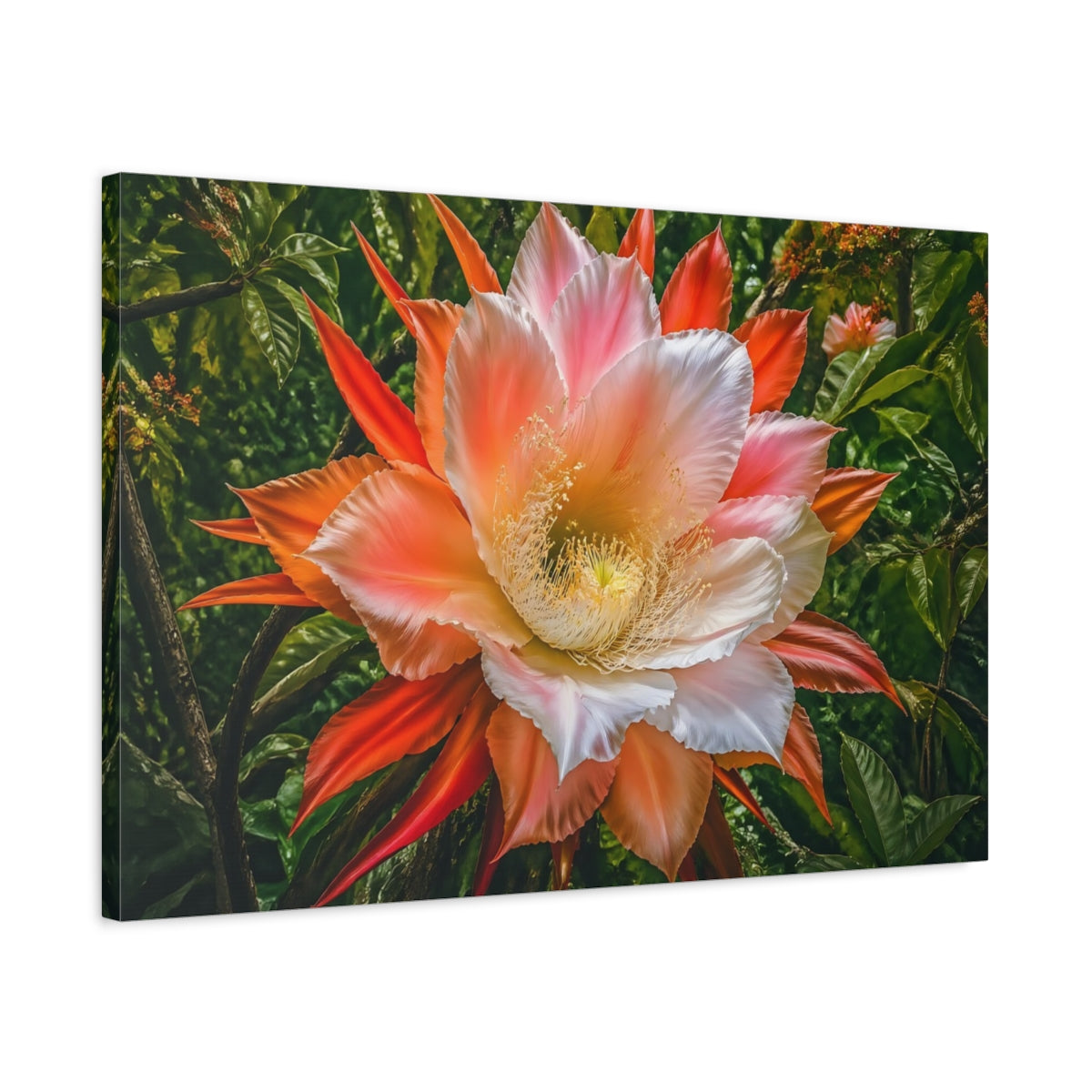 Side Mockup 2. Floral Exotic Flower Pink Orange Flower shown as stretched canvas wall art