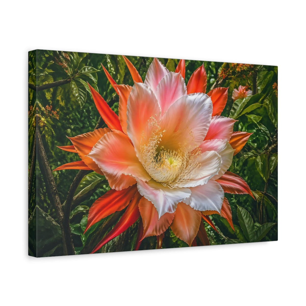 Side Mockup 4. Floral Exotic Flower Pink Orange Flower shown as stretched canvas wall art