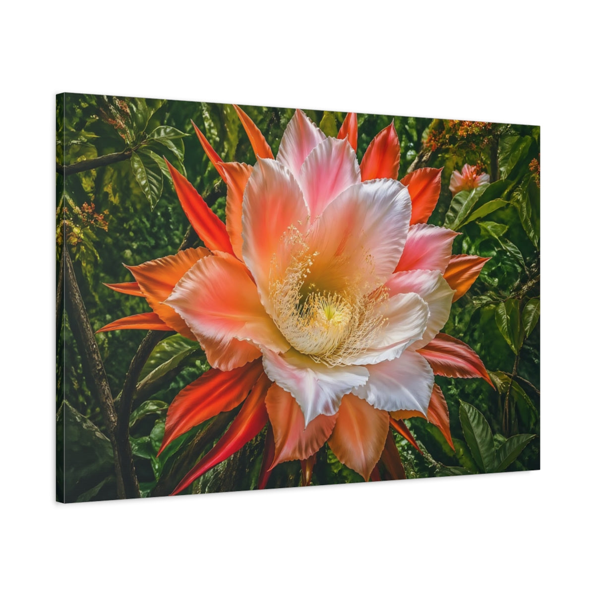 Main Mockup. Floral Exotic Flower Pink Orange Flower shown as stretched canvas wall art