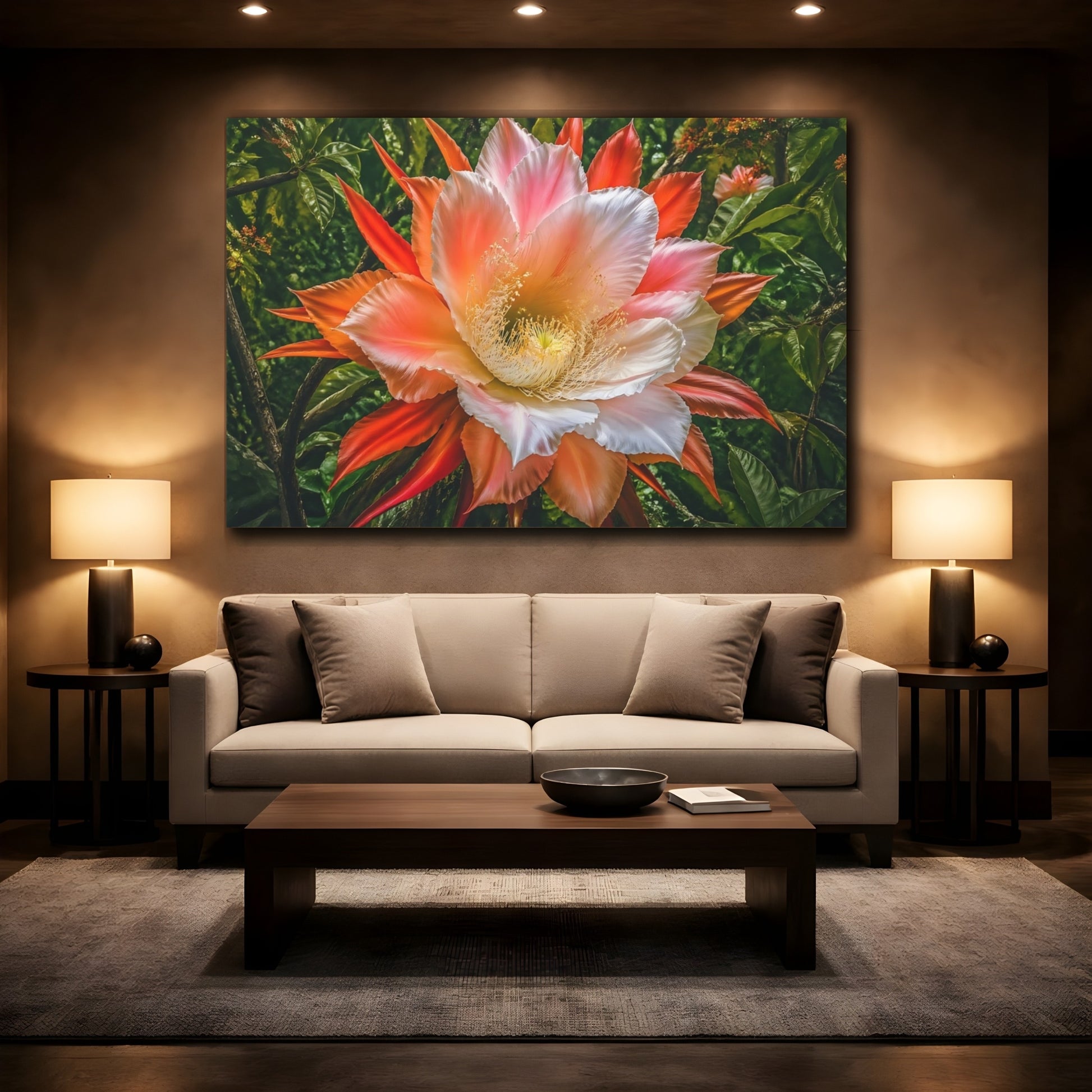 Mockup 2. Floral Exotic Flower Pink Orange Flower shown as stretched canvas wall art