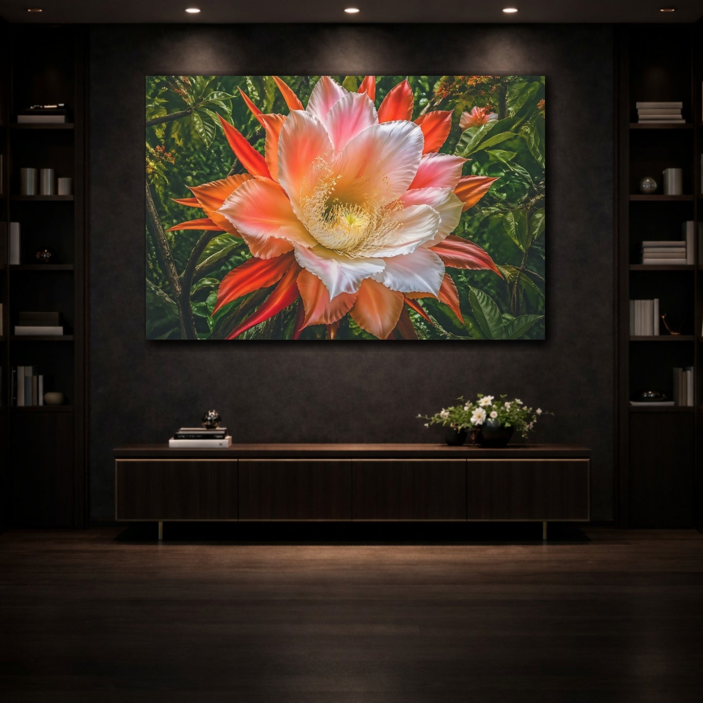 Mockup 3. Floral Exotic Flower Pink Orange Flower shown as stretched canvas wall art