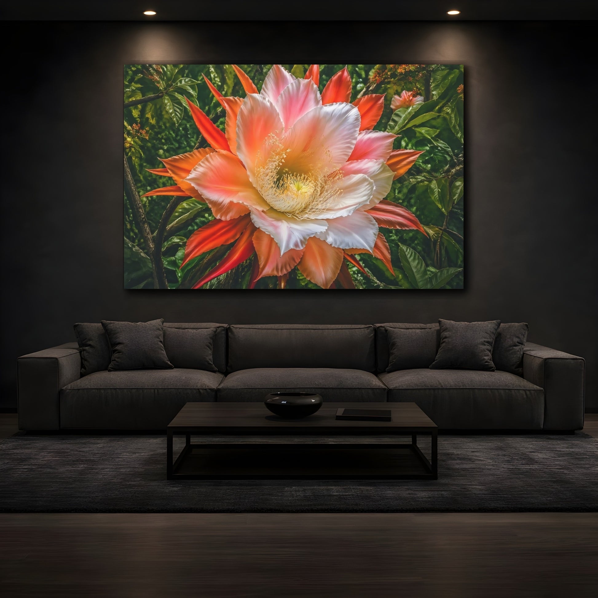 Mockup 4. Floral Exotic Flower Pink Orange Flower shown as stretched canvas wall art