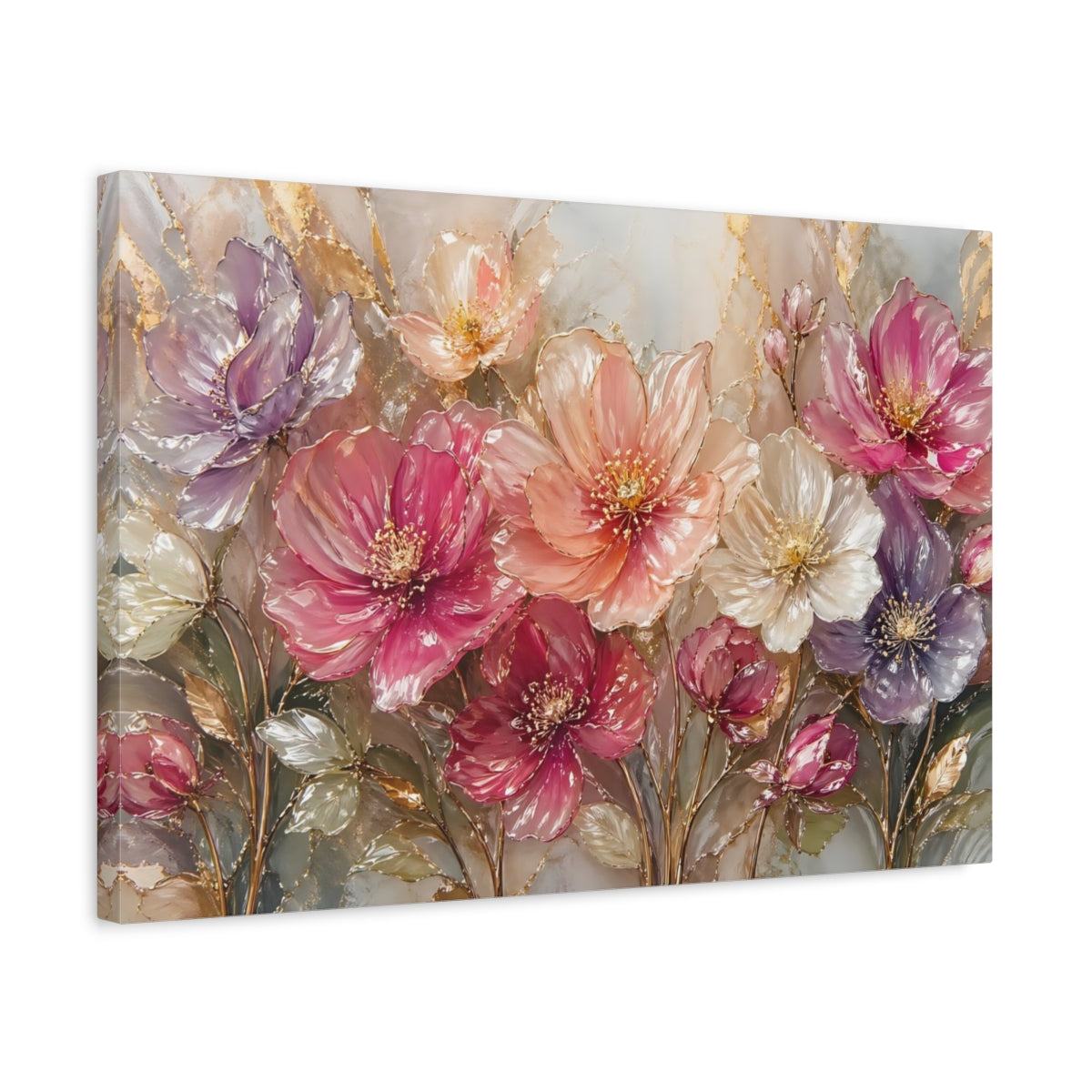 Side Mockup 3. Floral Fantasy Flowers Pink And Gold shown as stretched canvas wall art