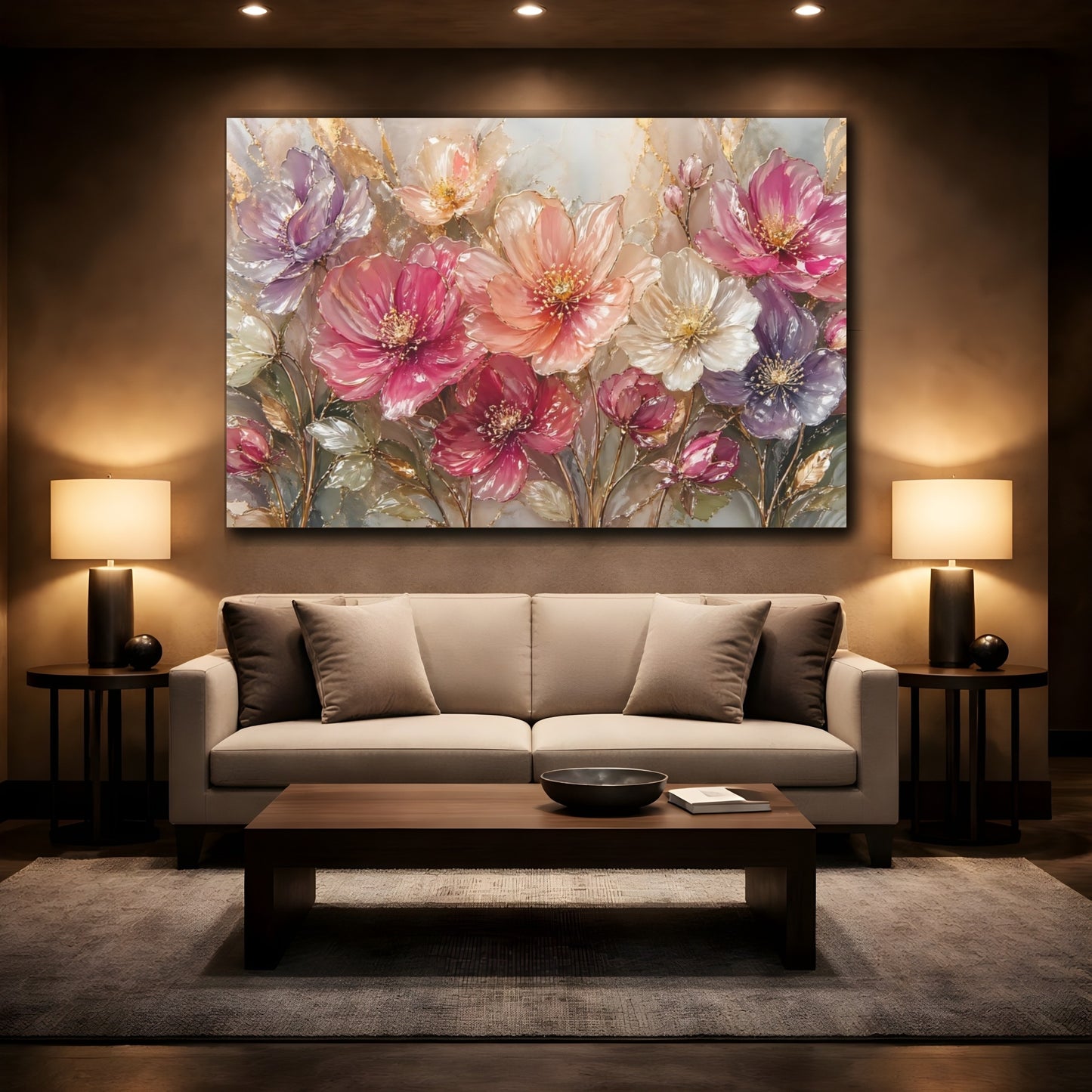 Mockup 2. Floral Fantasy Flowers Pink And Gold shown as stretched canvas wall art