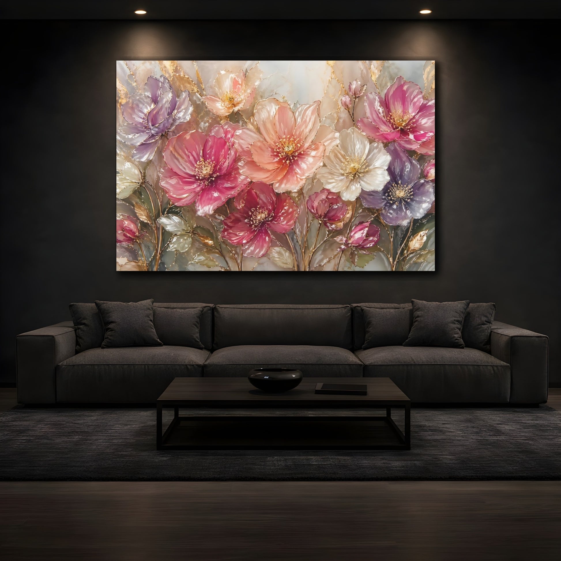 Mockup 3. Floral Fantasy Flowers Pink And Gold shown as stretched canvas wall art
