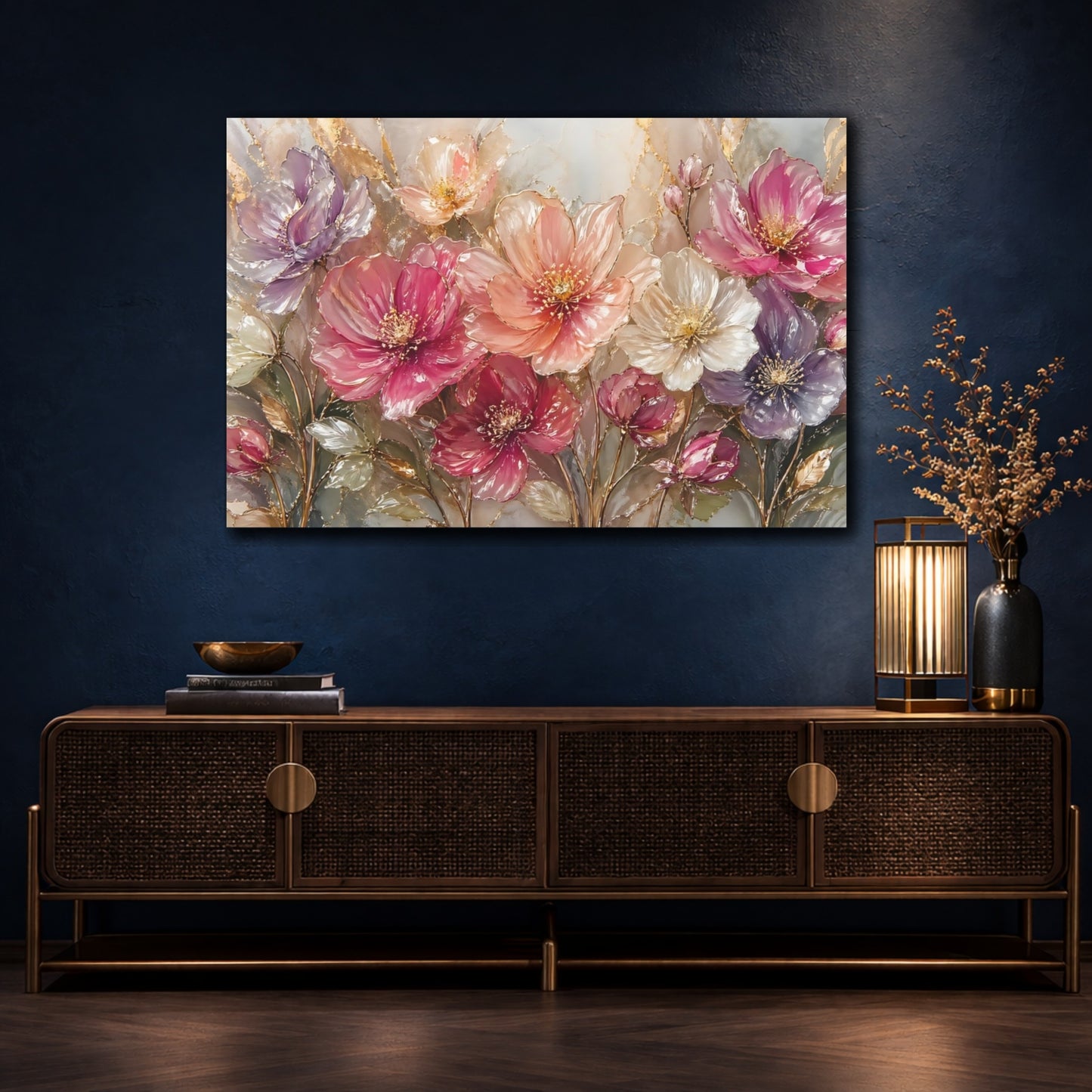Mockup 4. Floral Fantasy Flowers Pink And Gold shown as stretched canvas wall art