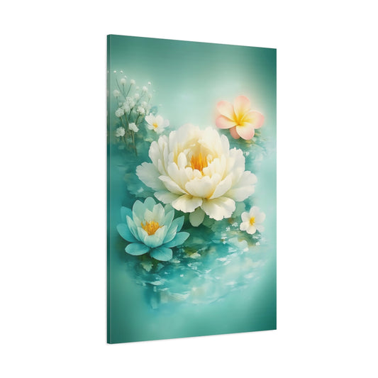 Floral Floating Flowers Turquoise Floral shown as stretched canvas wall art