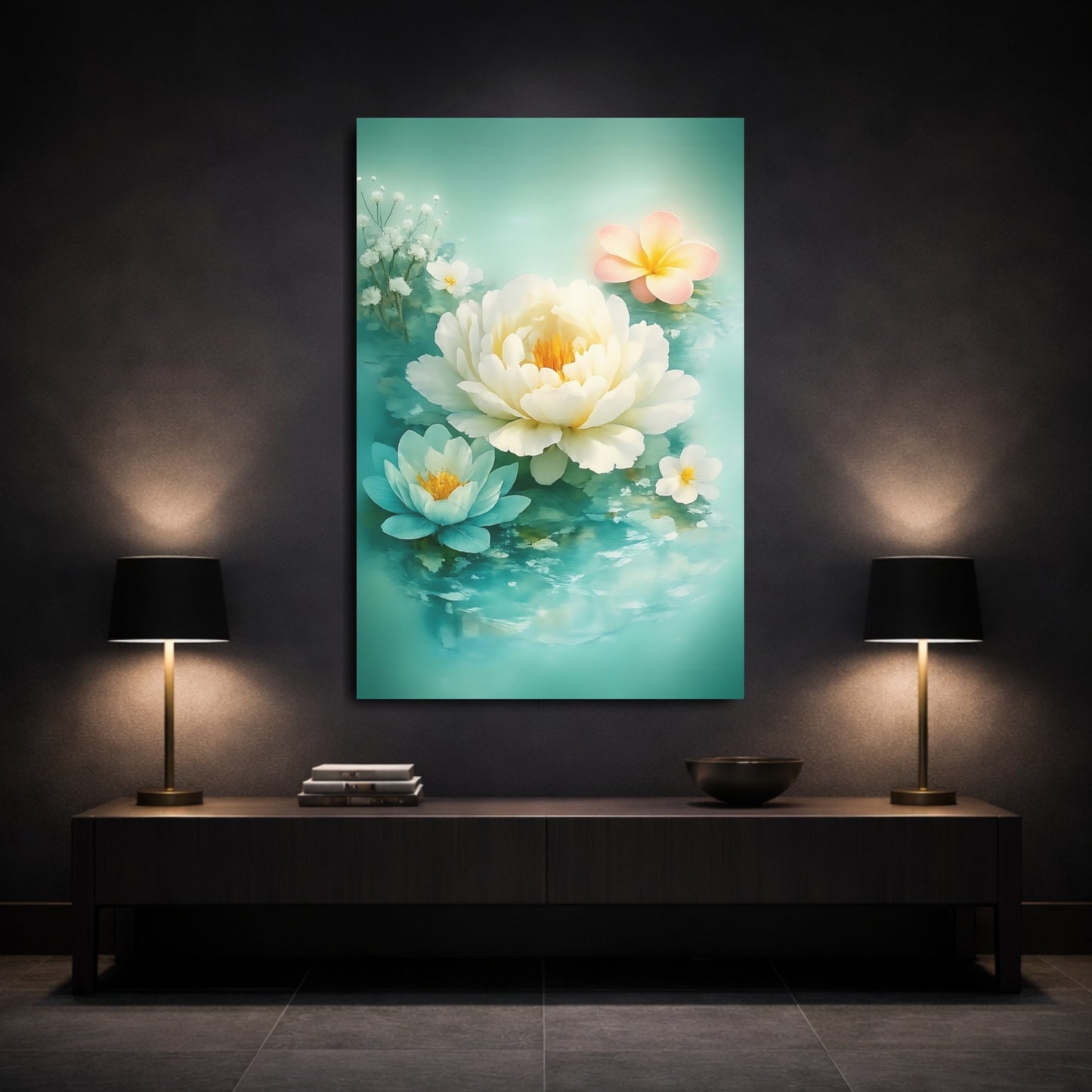 Floral Floating Flowers Turquoise Floral shown as front canvas room wall art