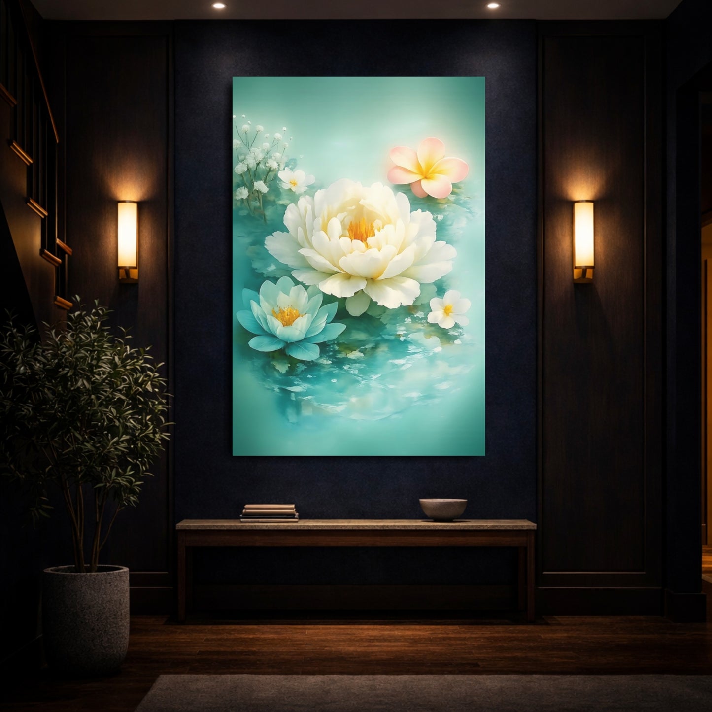 Floral Floating Flowers Turquoise Floral shown as front canvas room wall art