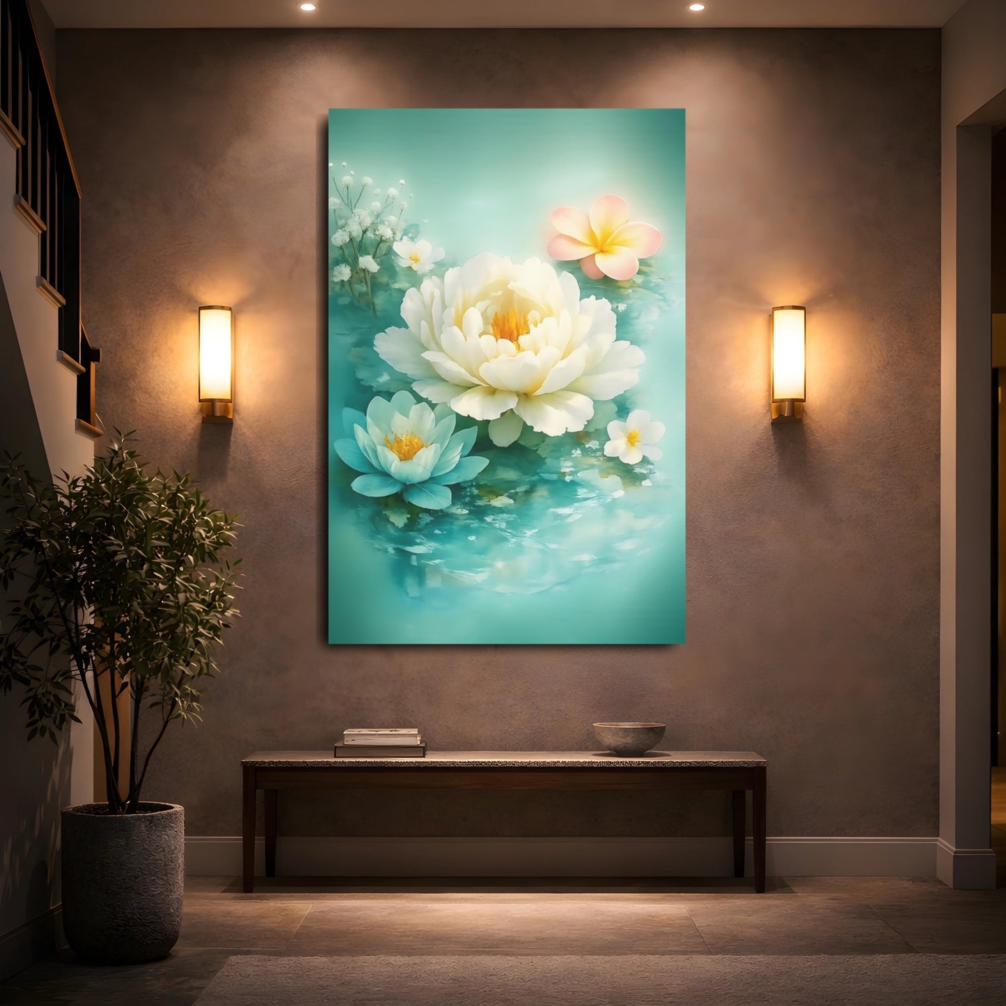 Floral Floating Flowers Turquoise Floral shown as front canvas room wall art