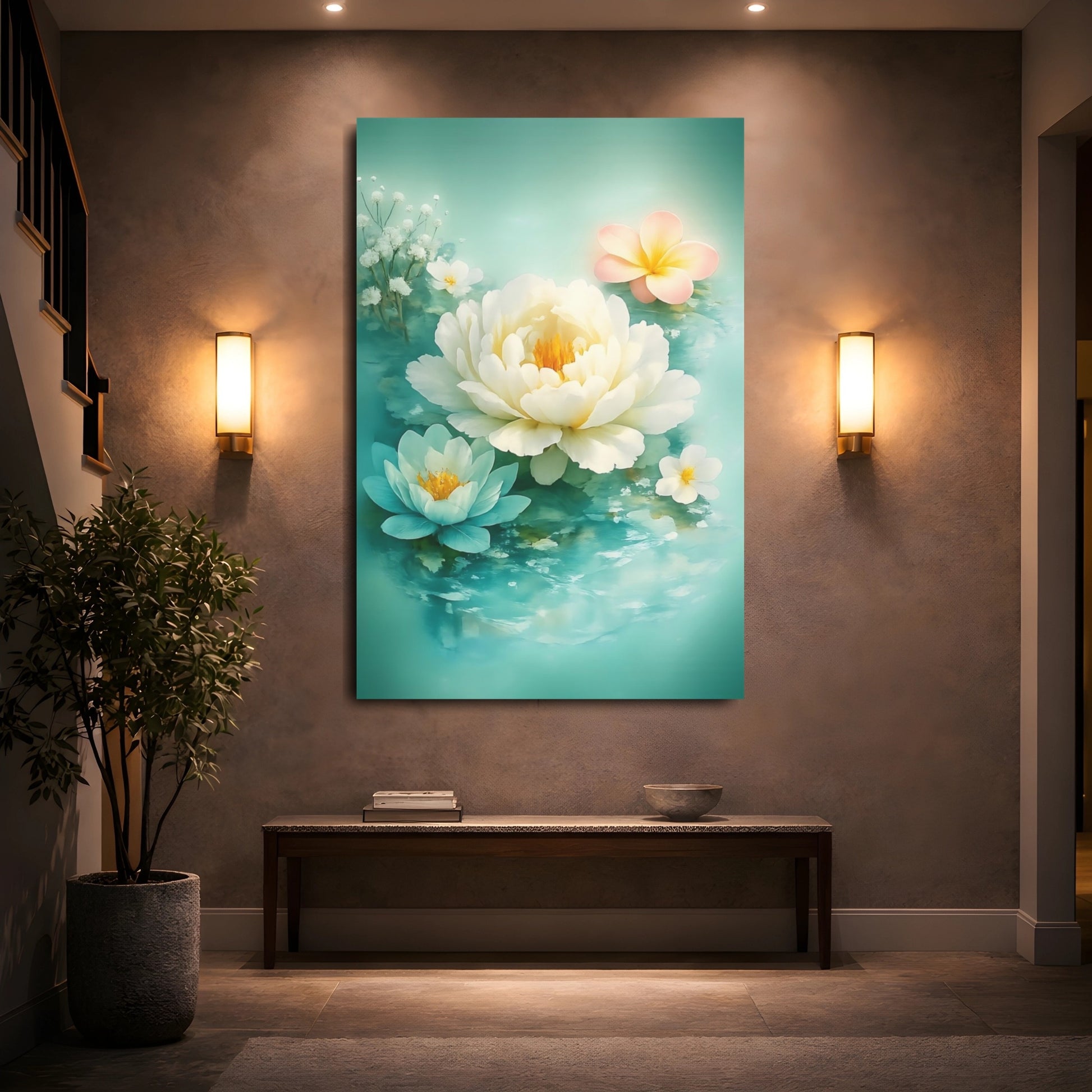 Floral Floating Flowers Turquoise Floral shown as front canvas room wall art