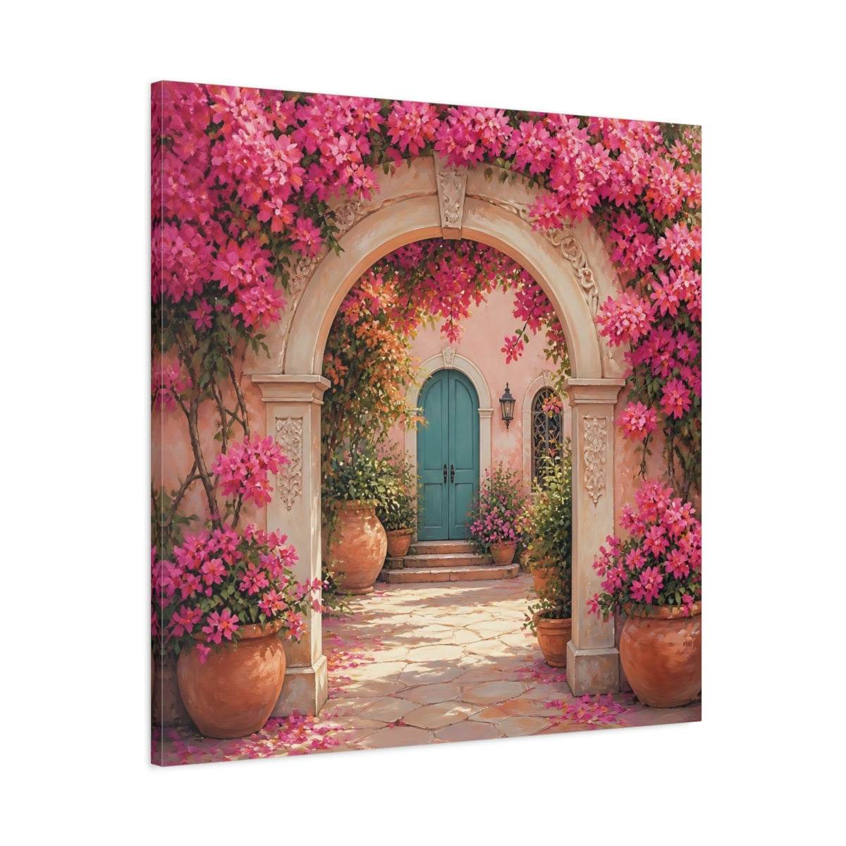 Main Mockup. Floral Floral Archway Pink Bougainvillea shown as stretched canvas wall art