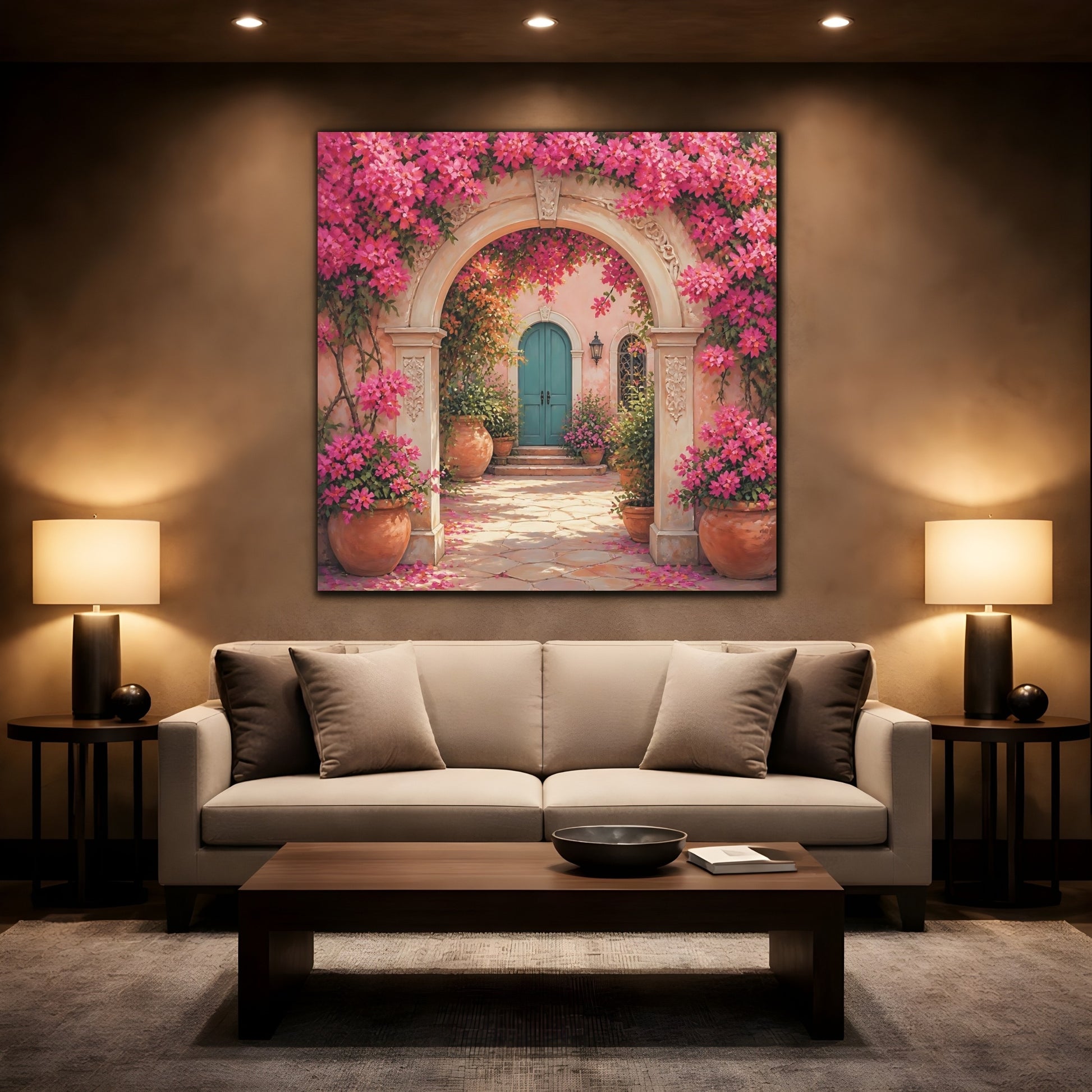 Mockup 2. Floral Floral Archway Pink Bougainvillea shown as stretched canvas wall art