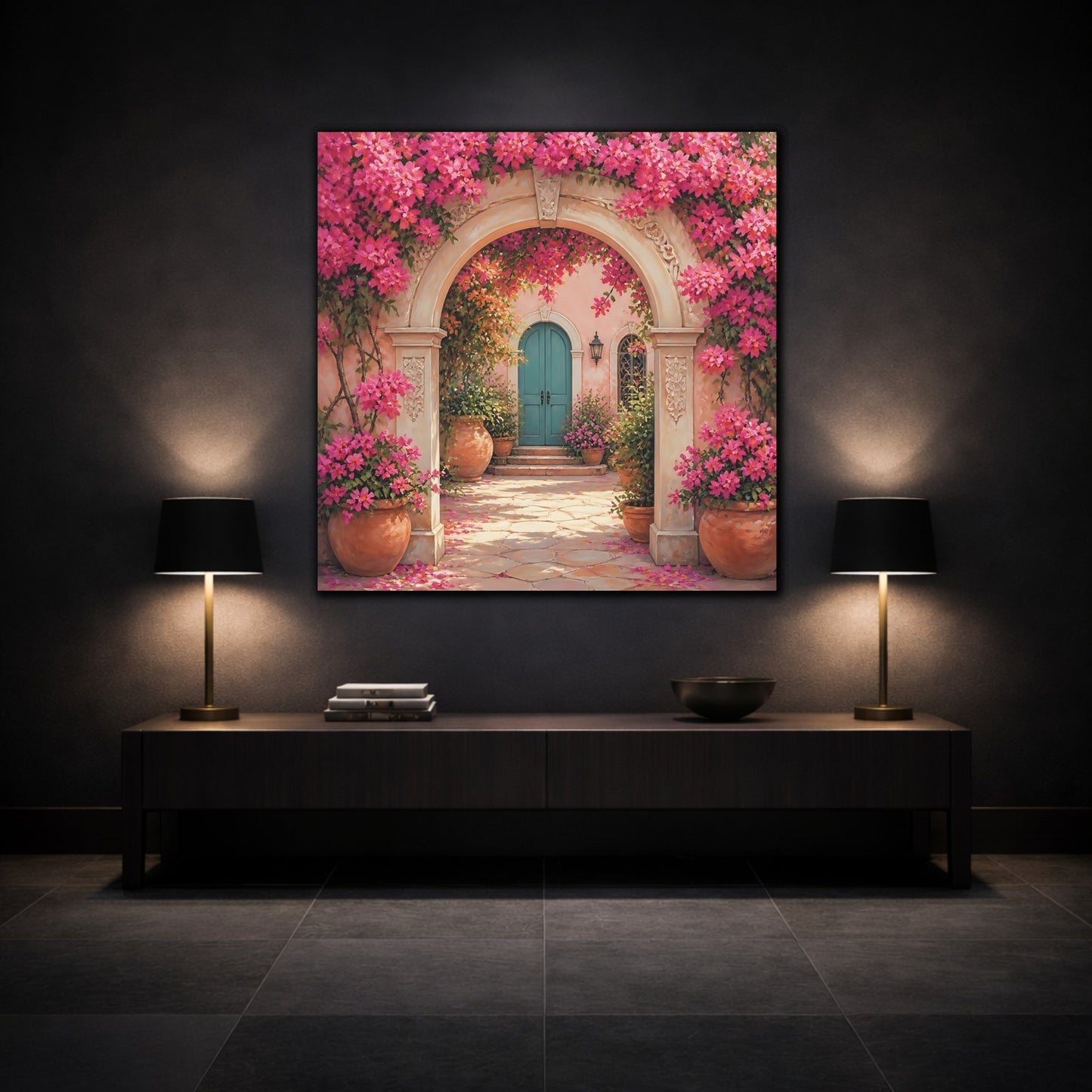 Mockup 3. Floral Floral Archway Pink Bougainvillea shown as stretched canvas wall art