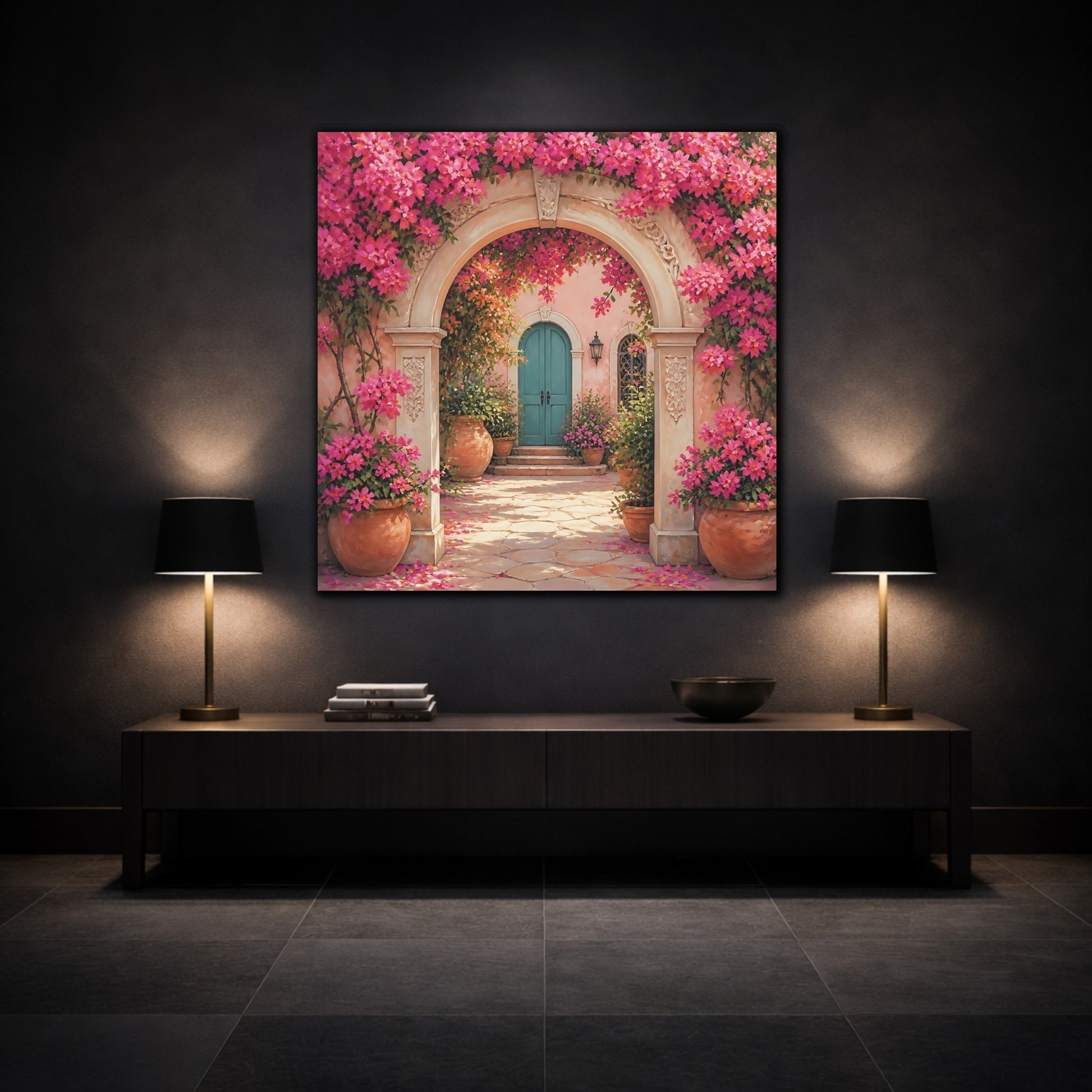 Mockup 3. Floral Floral Archway Pink Bougainvillea shown as stretched canvas wall art